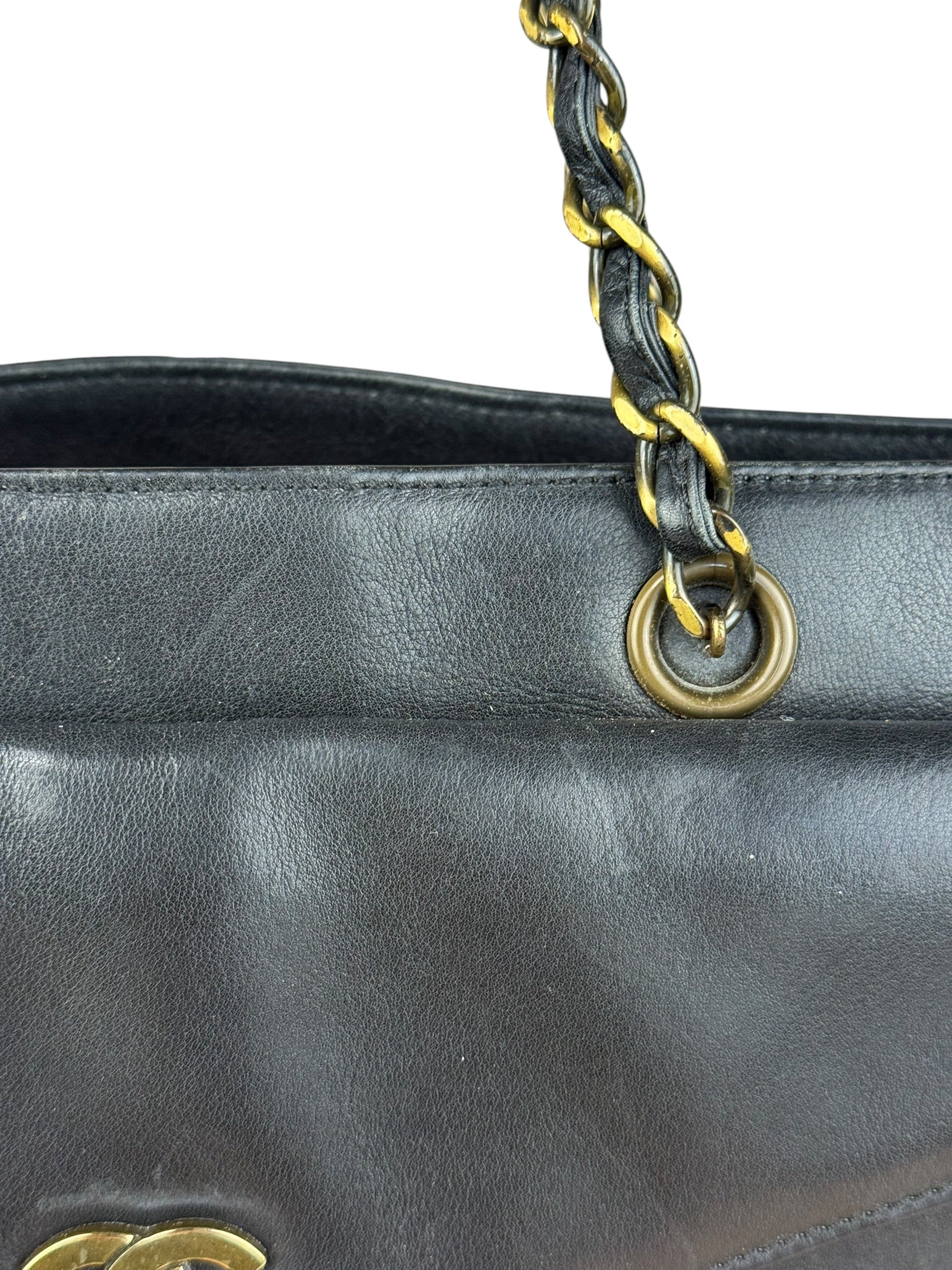 Chanel Black Leather Front Pocket Chain Tote 1998