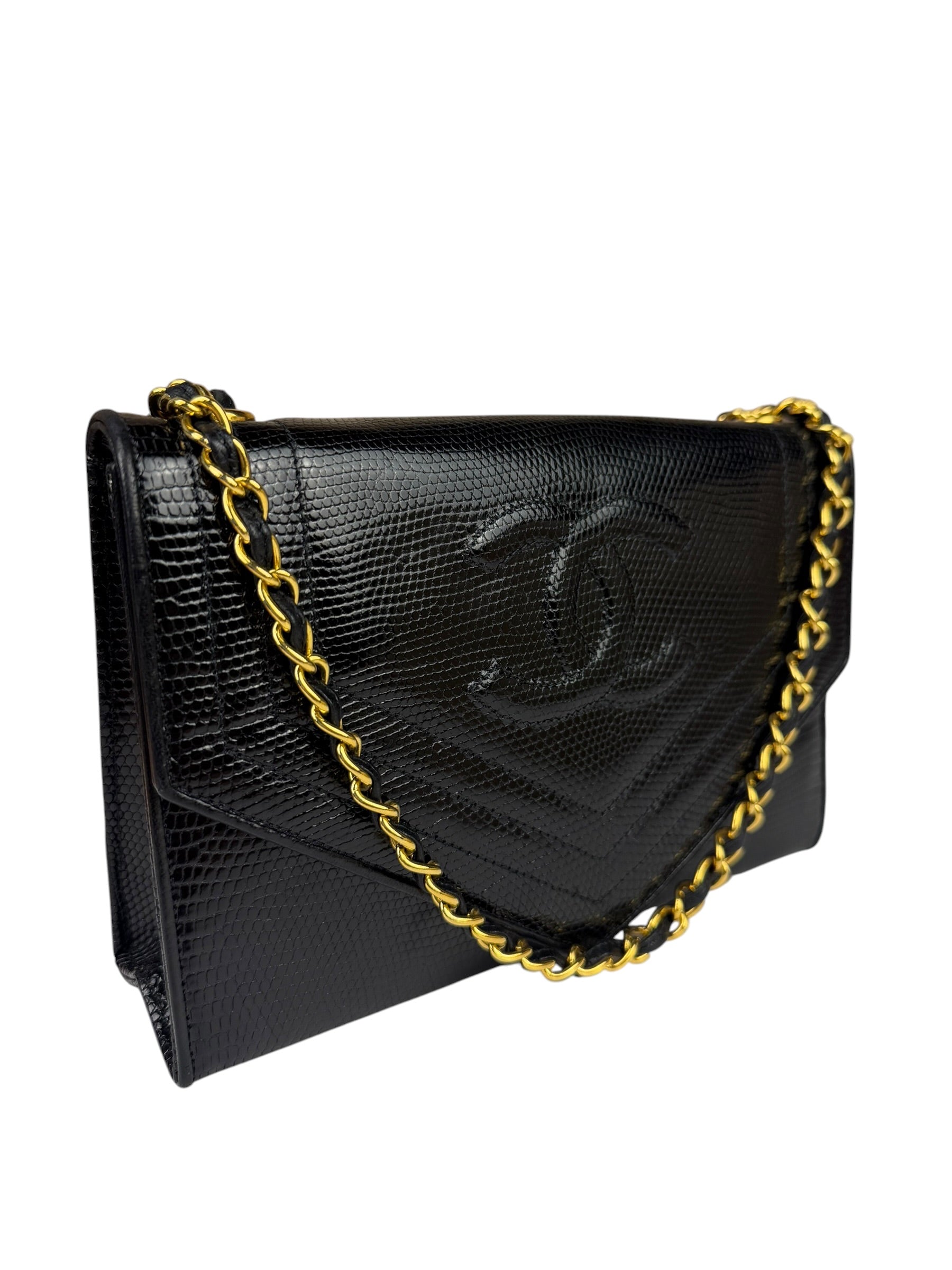 Chanel Black Lizard Leather Envelope Flap Bag 1986