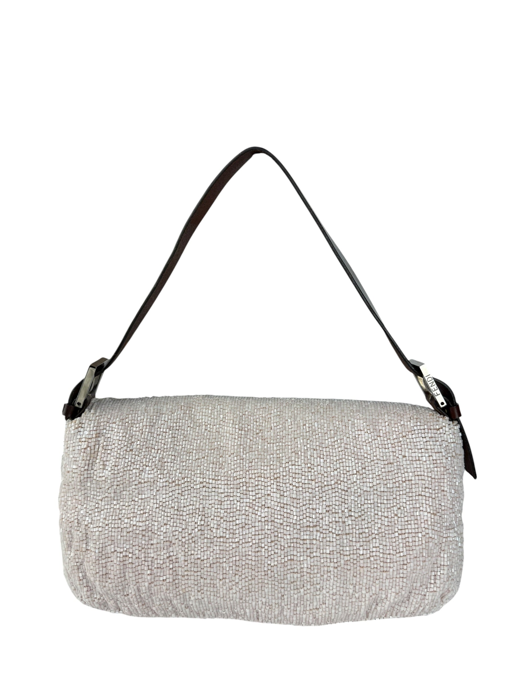 Fendi Leather-Trimmed Beaded Baguette Light Pink