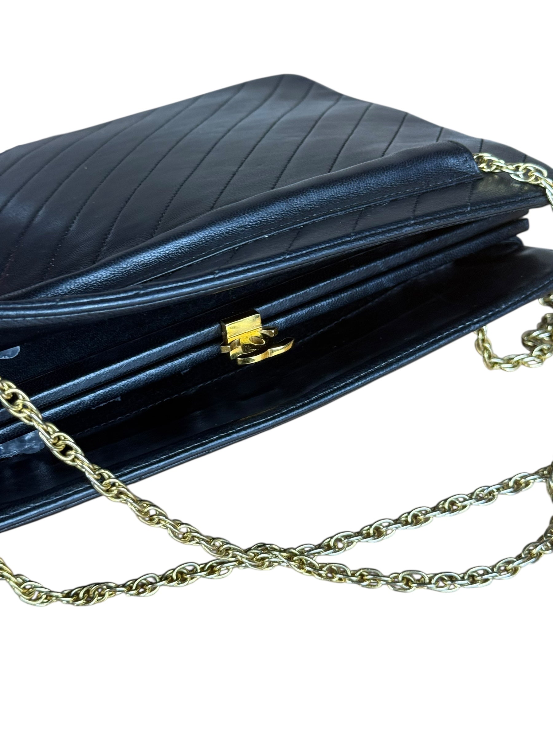 Chanel Vintage Black Chevron Leather Chain Bag