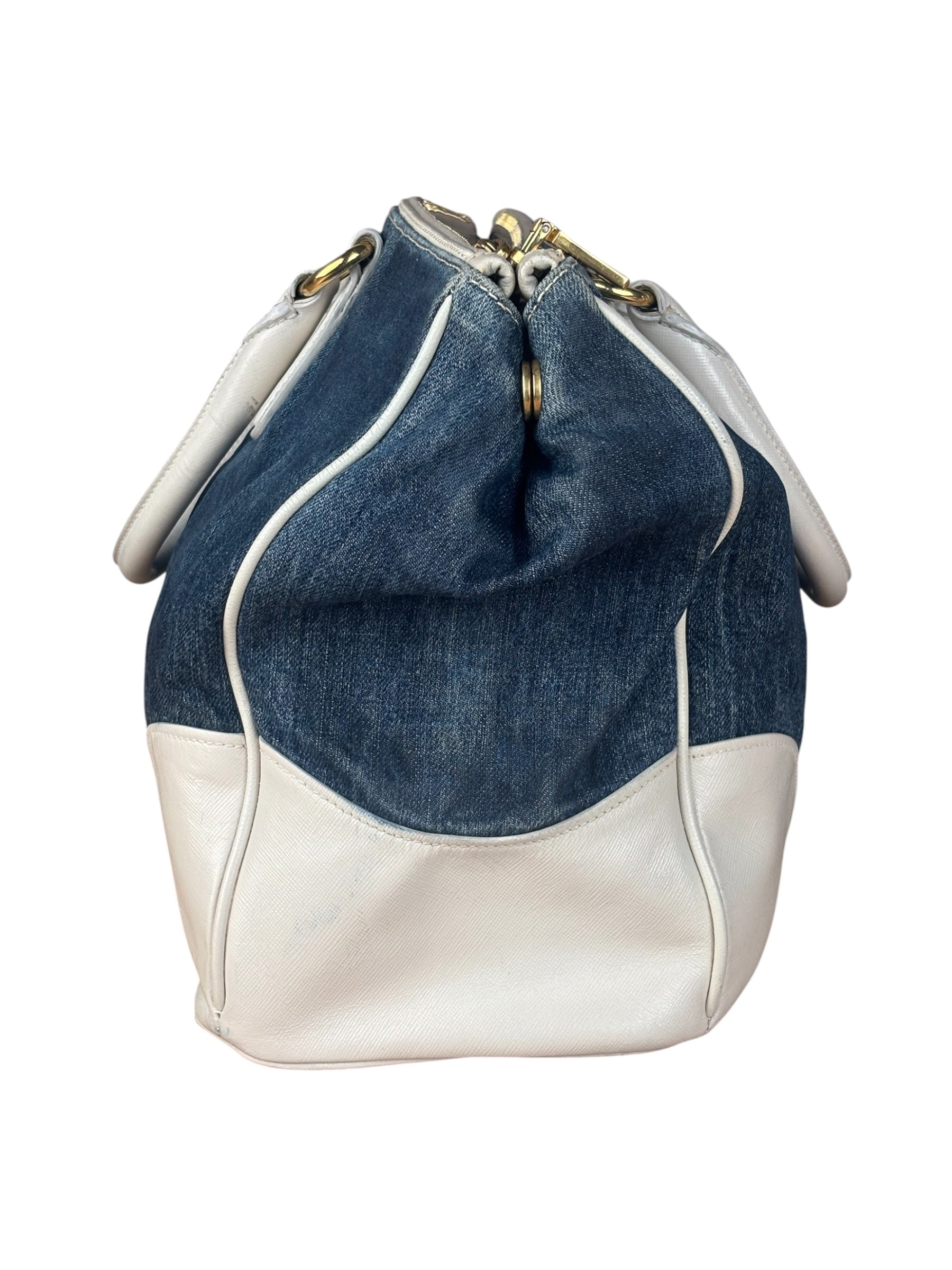 Prada Denim White Leather Trim Saffiano Handbag