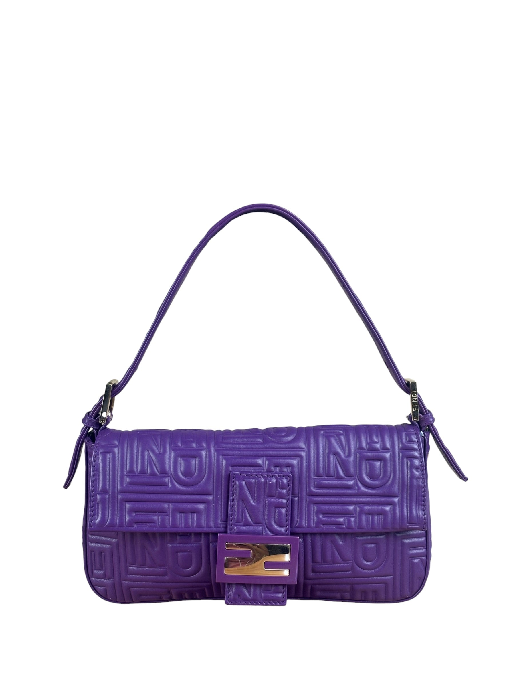 Fendi Purple Nappa Leather Medium Logo Embossed Baguette