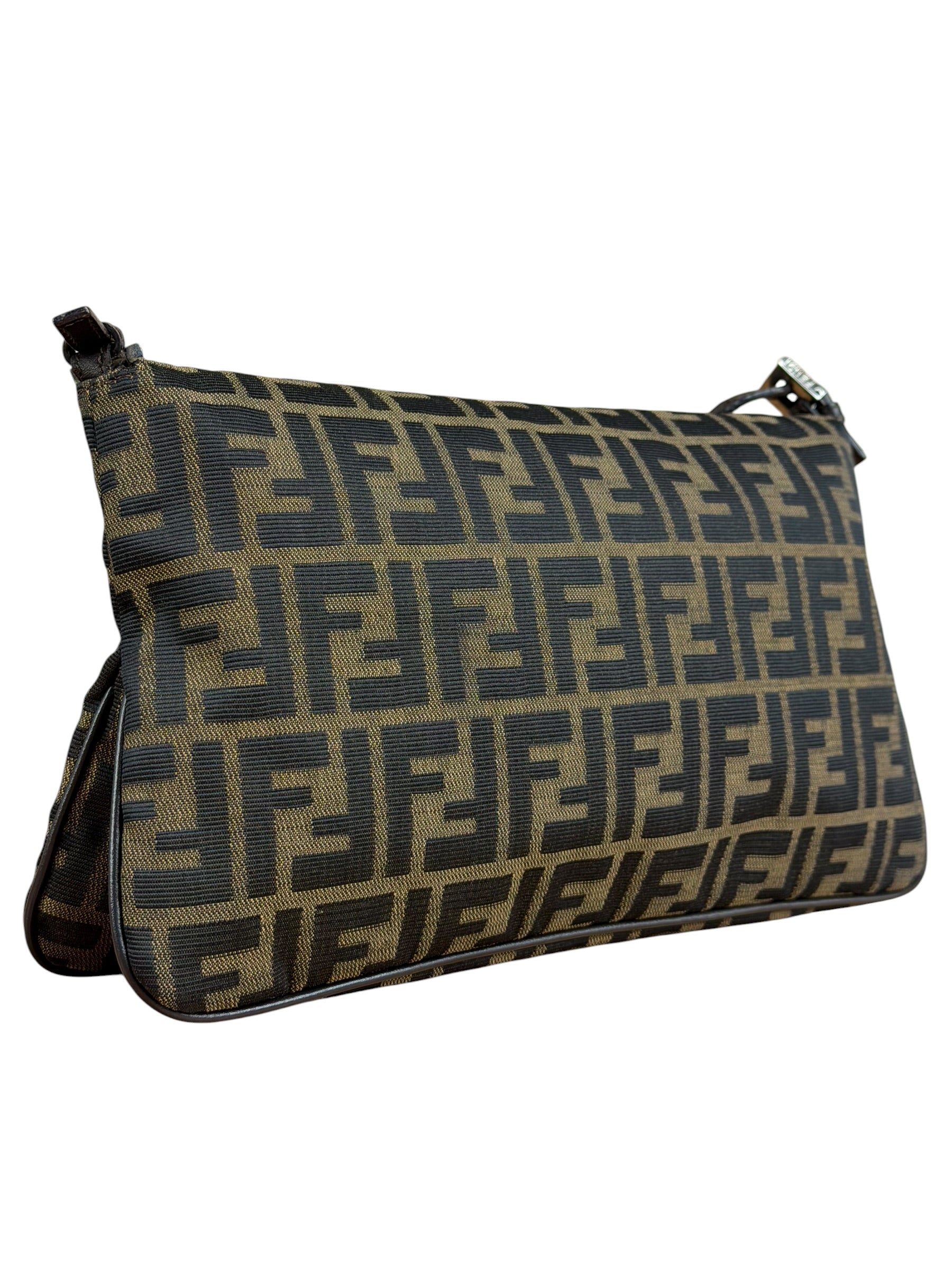 Fendi Brown Leather Trim Zucca FF Monogram Baguette