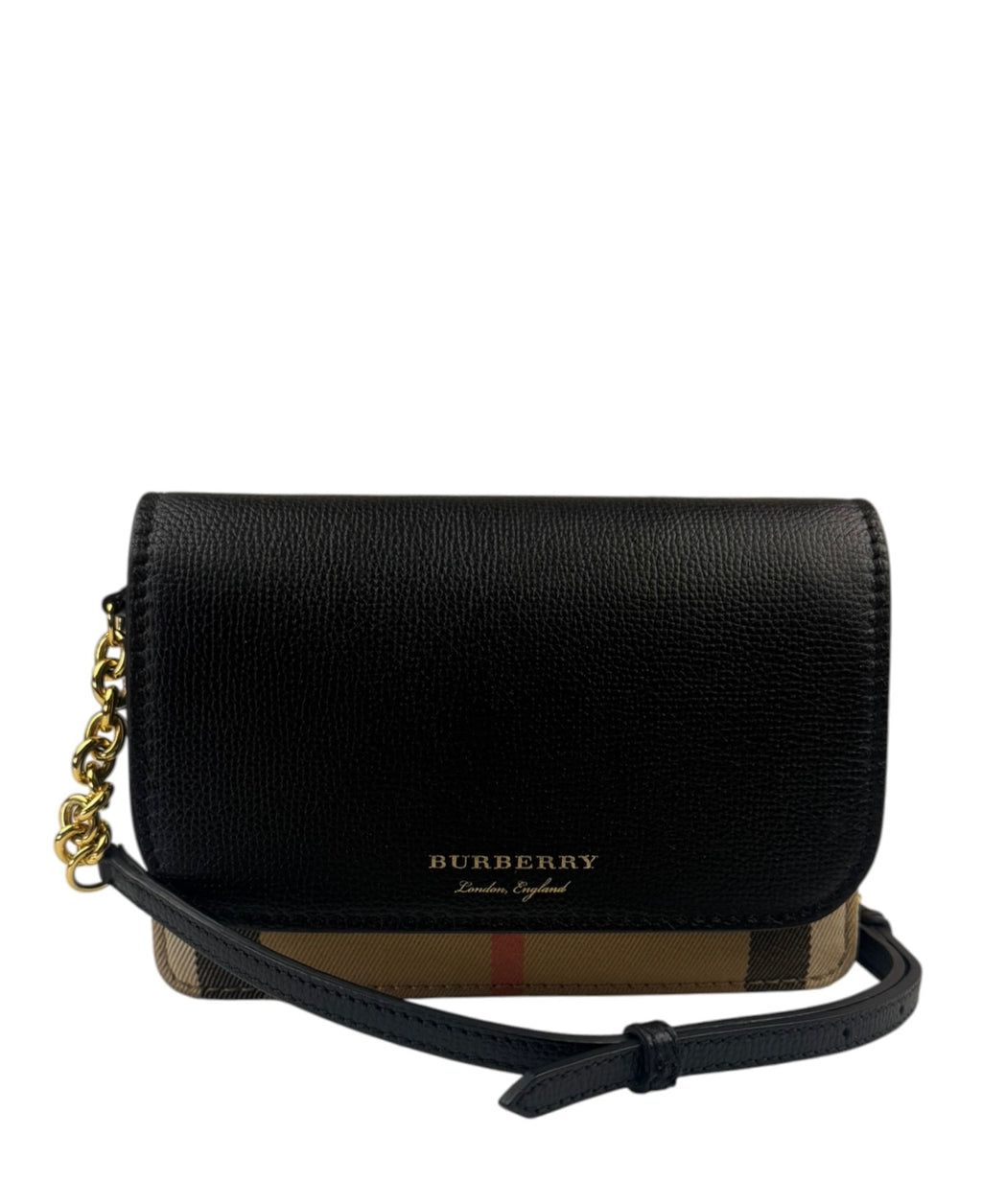 Burberry Black Leather House Check Flap Wallet On Chain
