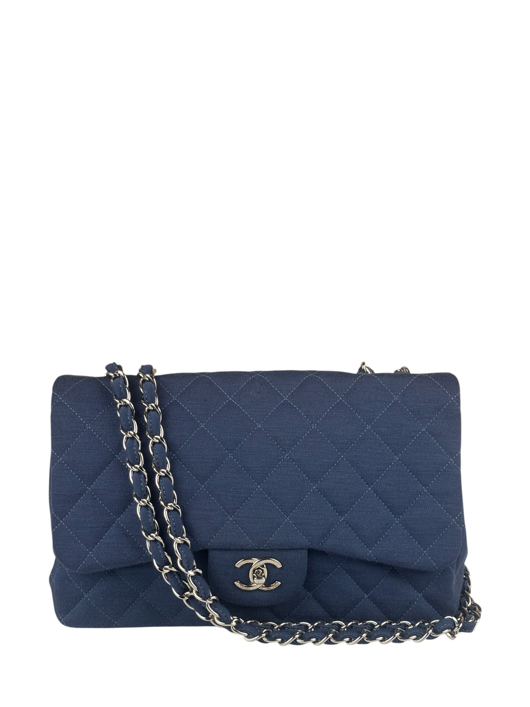 Chanel Blue Jersey Classic Flap Shoulder Bag 2009