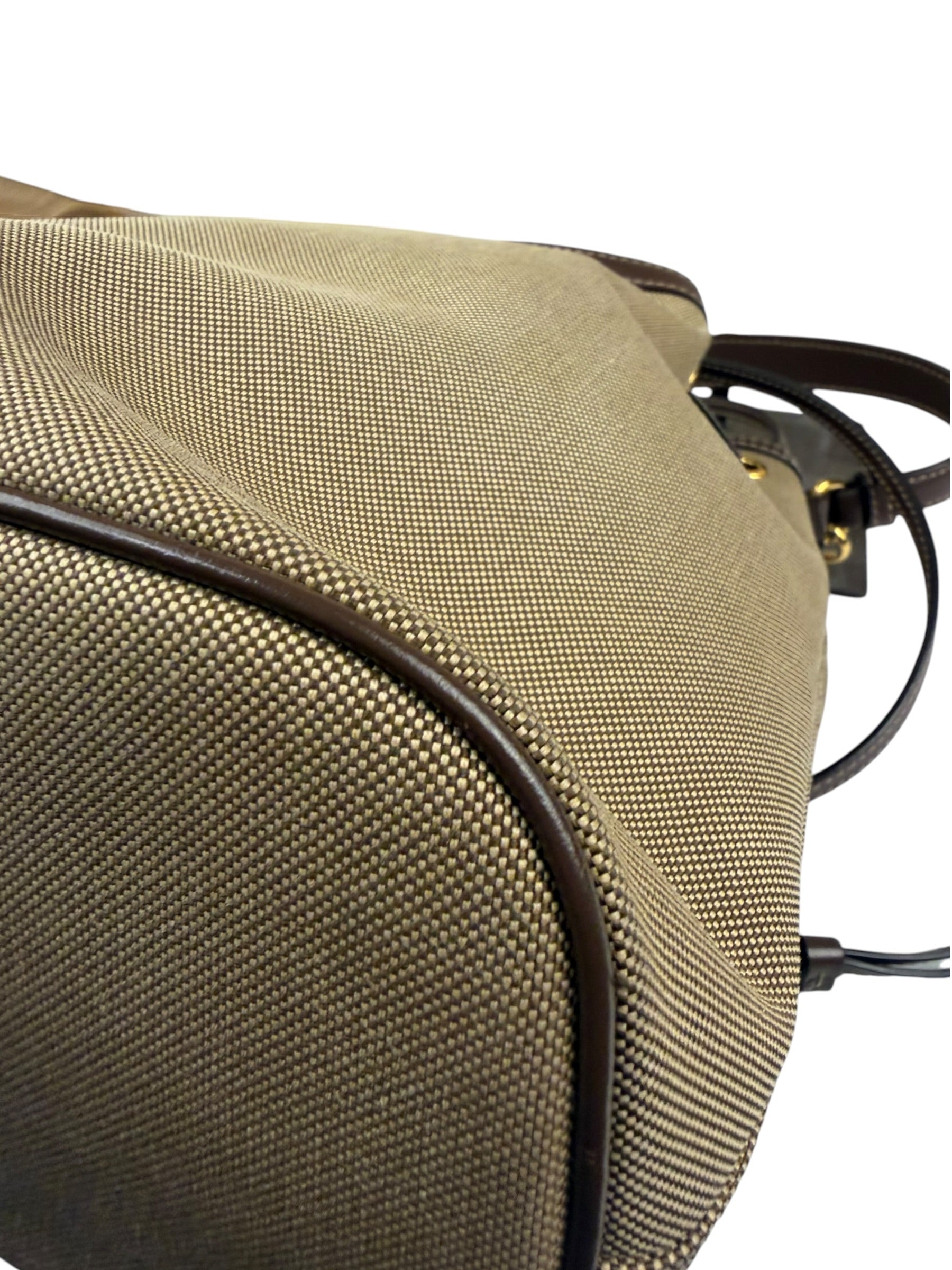 Prada Tan Beige Leather Trim Jaquard Canvas Bucket Bag