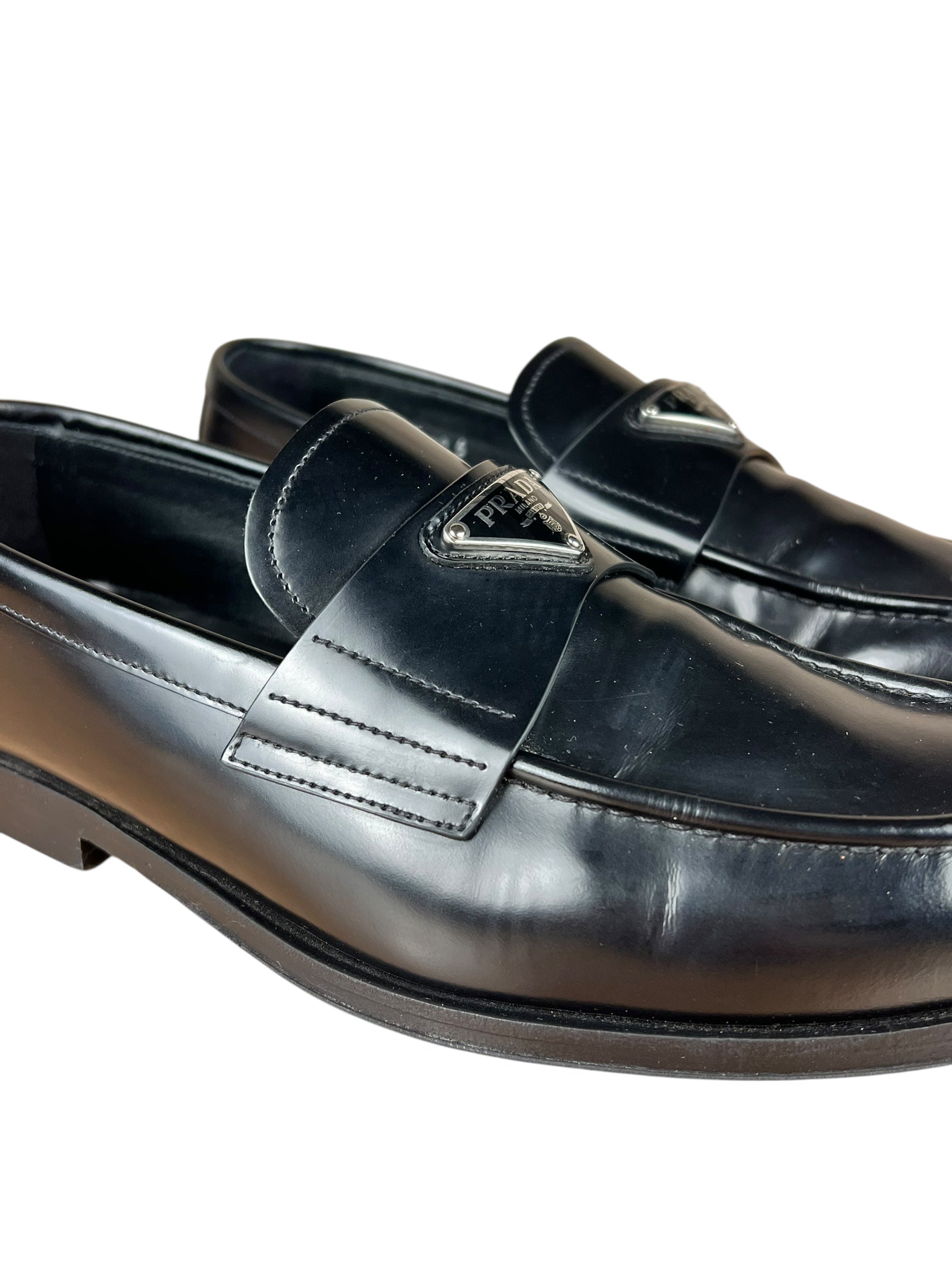 Prada Black Leather Triangle Logo Loafers
