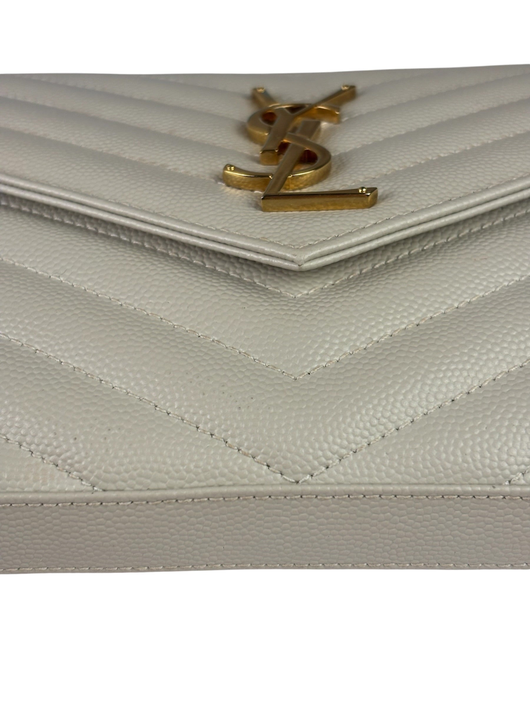 YSL Cream Pebbled Leather Cassandre Envelope Small Wallet On Chain