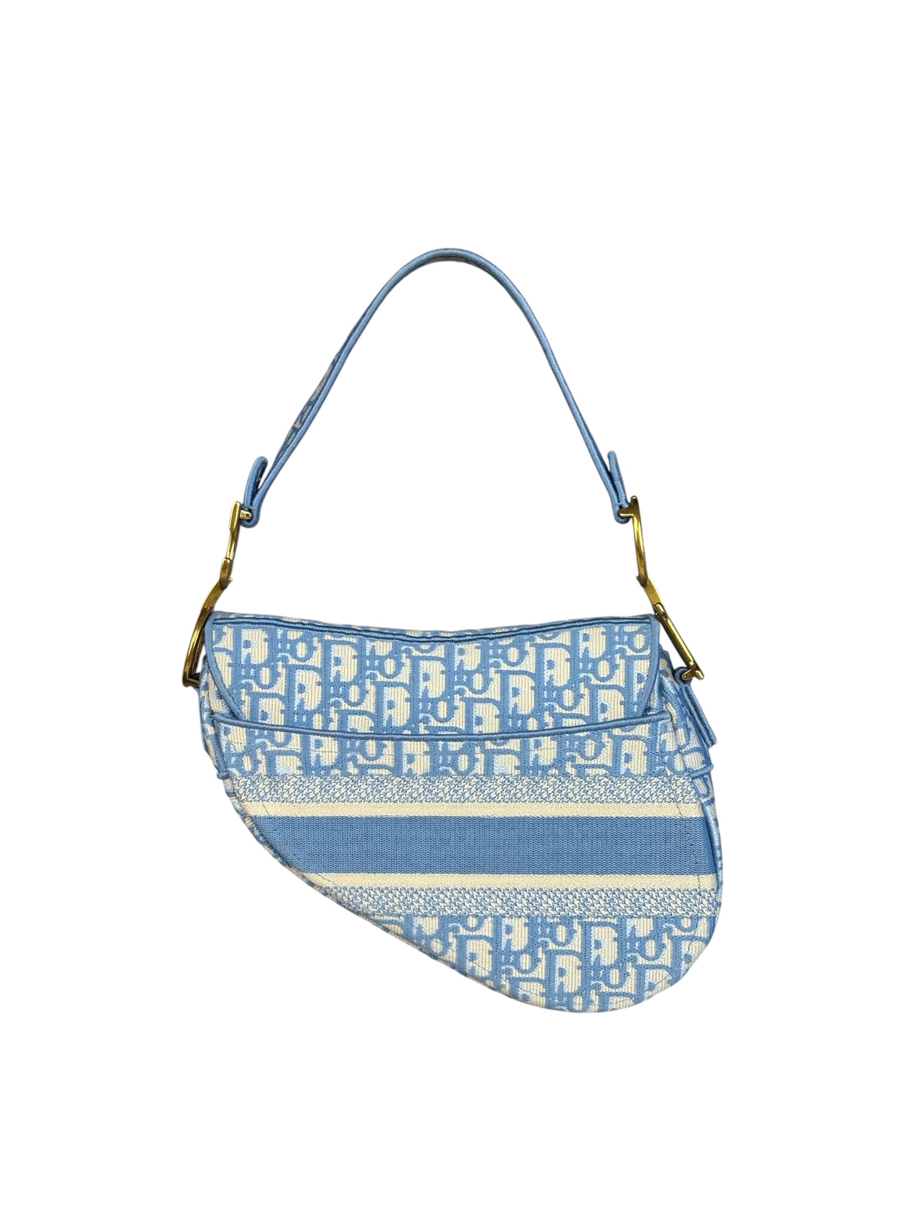 Christian Dior Blue/White Oblique Embroidered Saddle Bag
