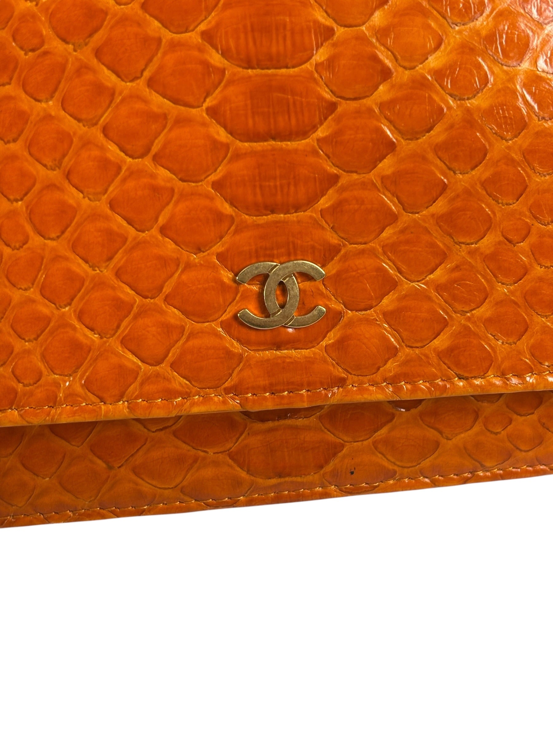 Chanel Orange Pythonskin Flap Wallet On Chain 2013