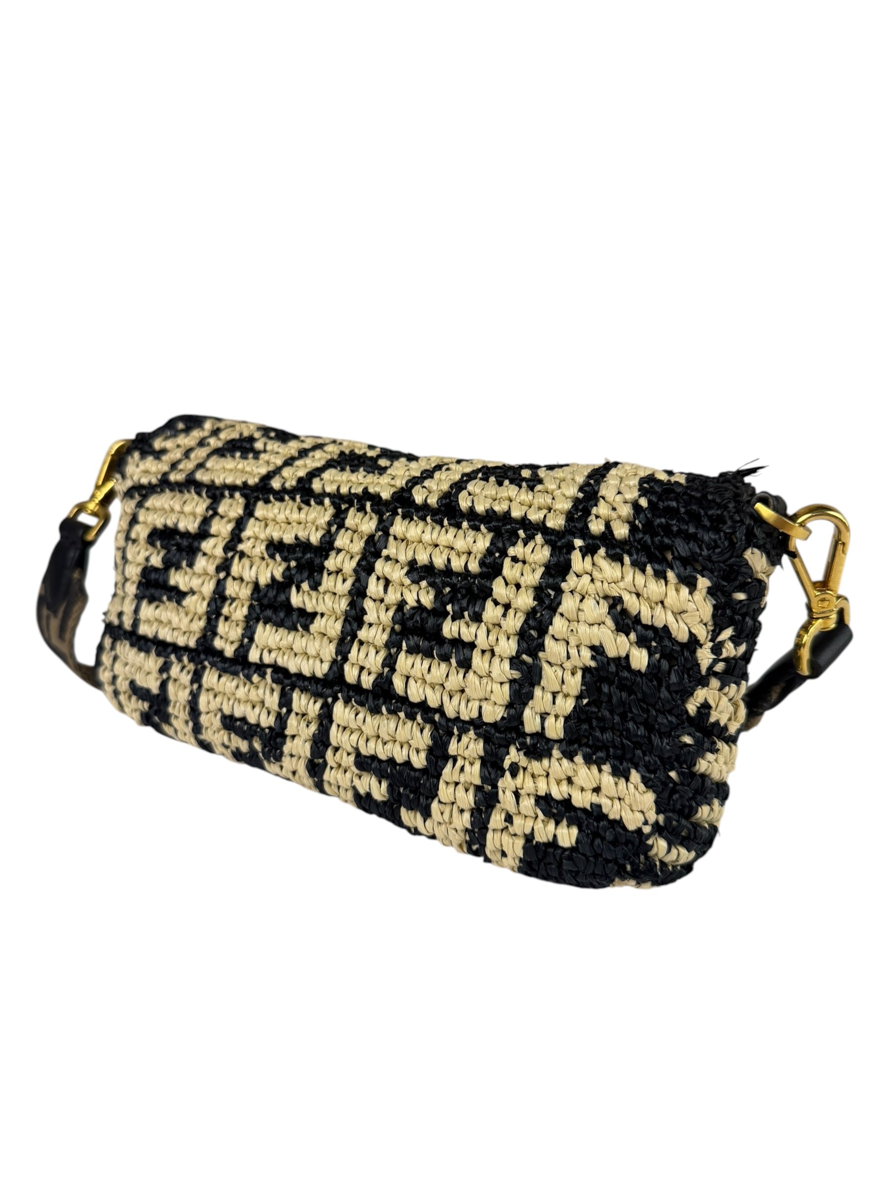 Fendi Black Raffia Zucca Shoulder Baguette