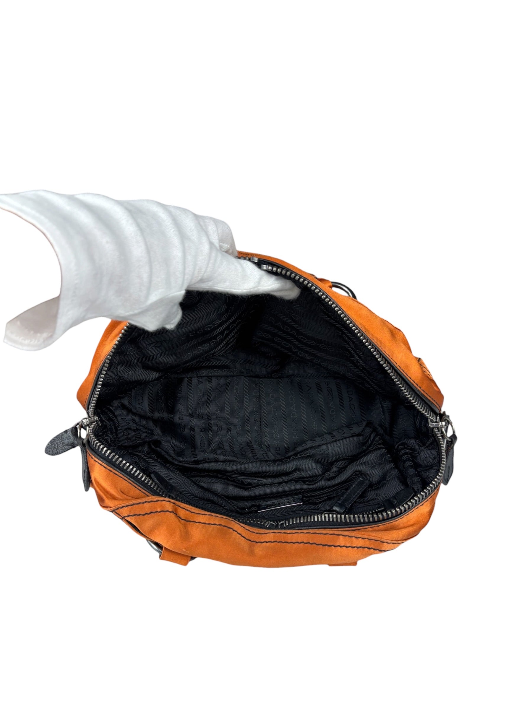 Prada Orange Satin Double Pocket Satchel Shoulder Bag