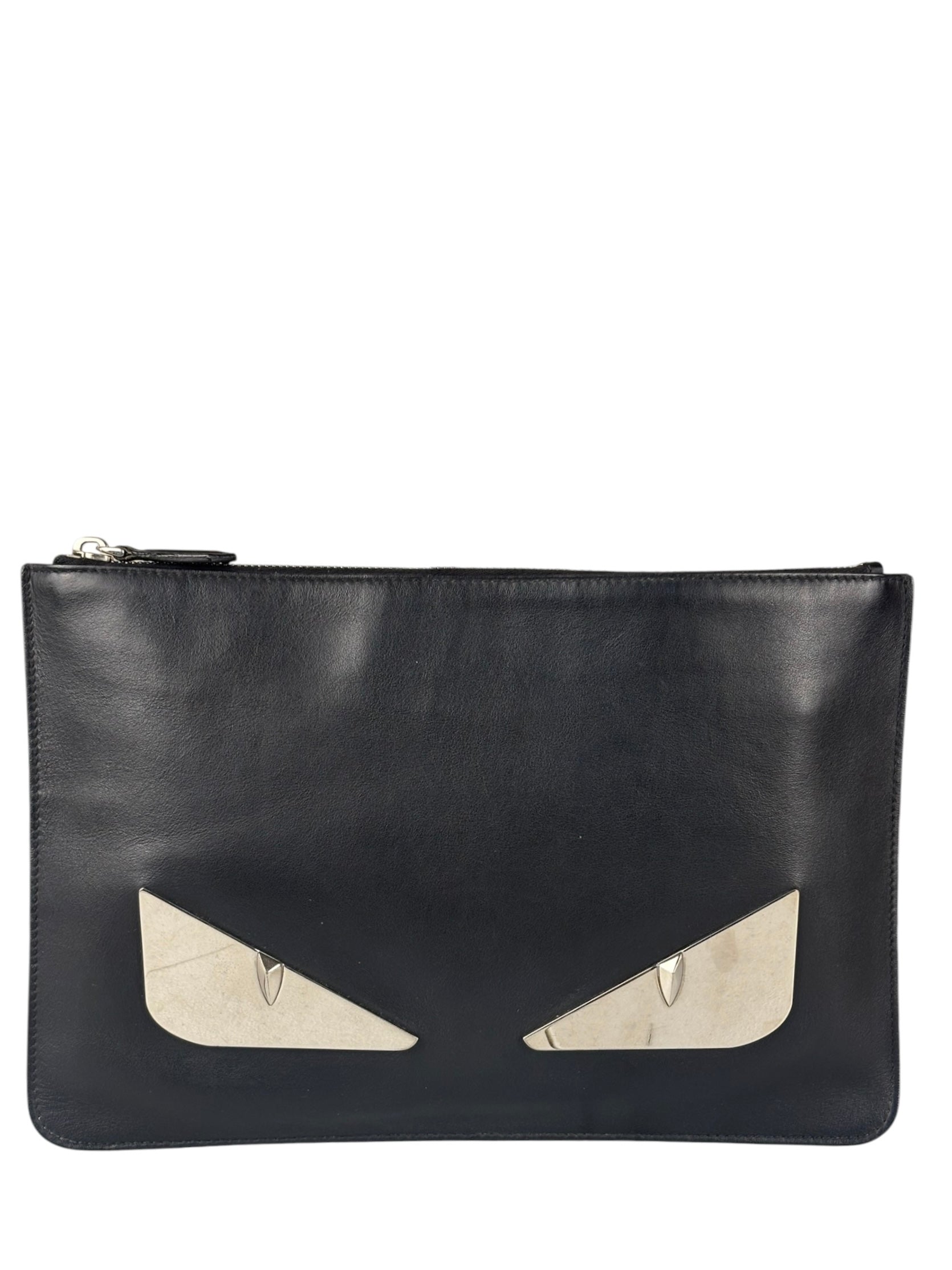 Fendi Black Leather Monsters Zip Clutch