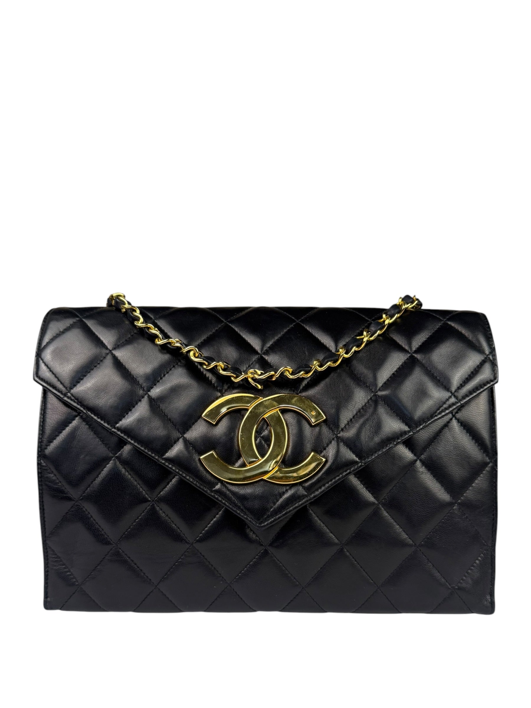 Chanel Black Quilted Leather Envelope Flap Bag Early 90's