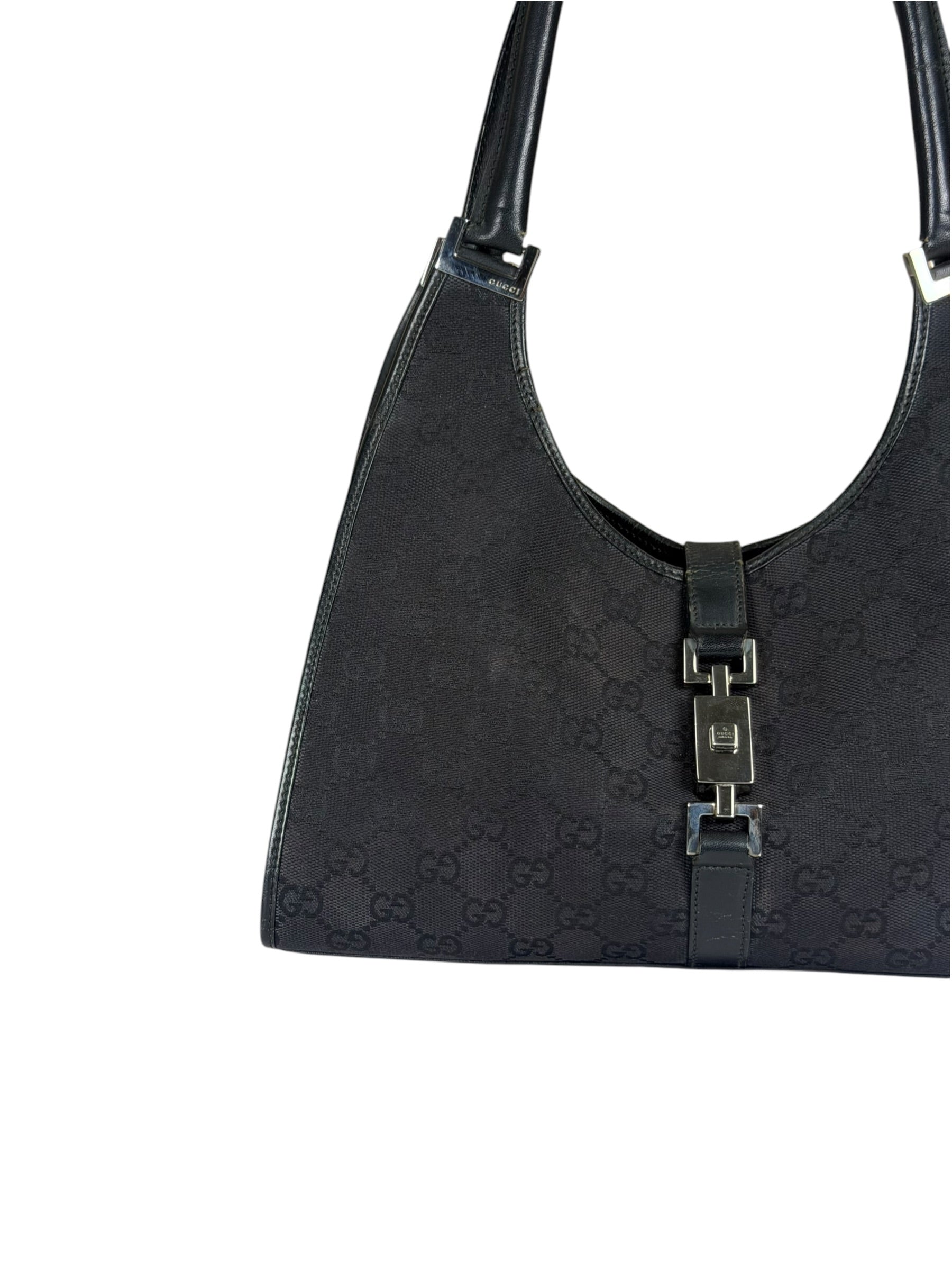 Gucci Black Leather Trim GG Bardot Jackie Medium Hobo Bag