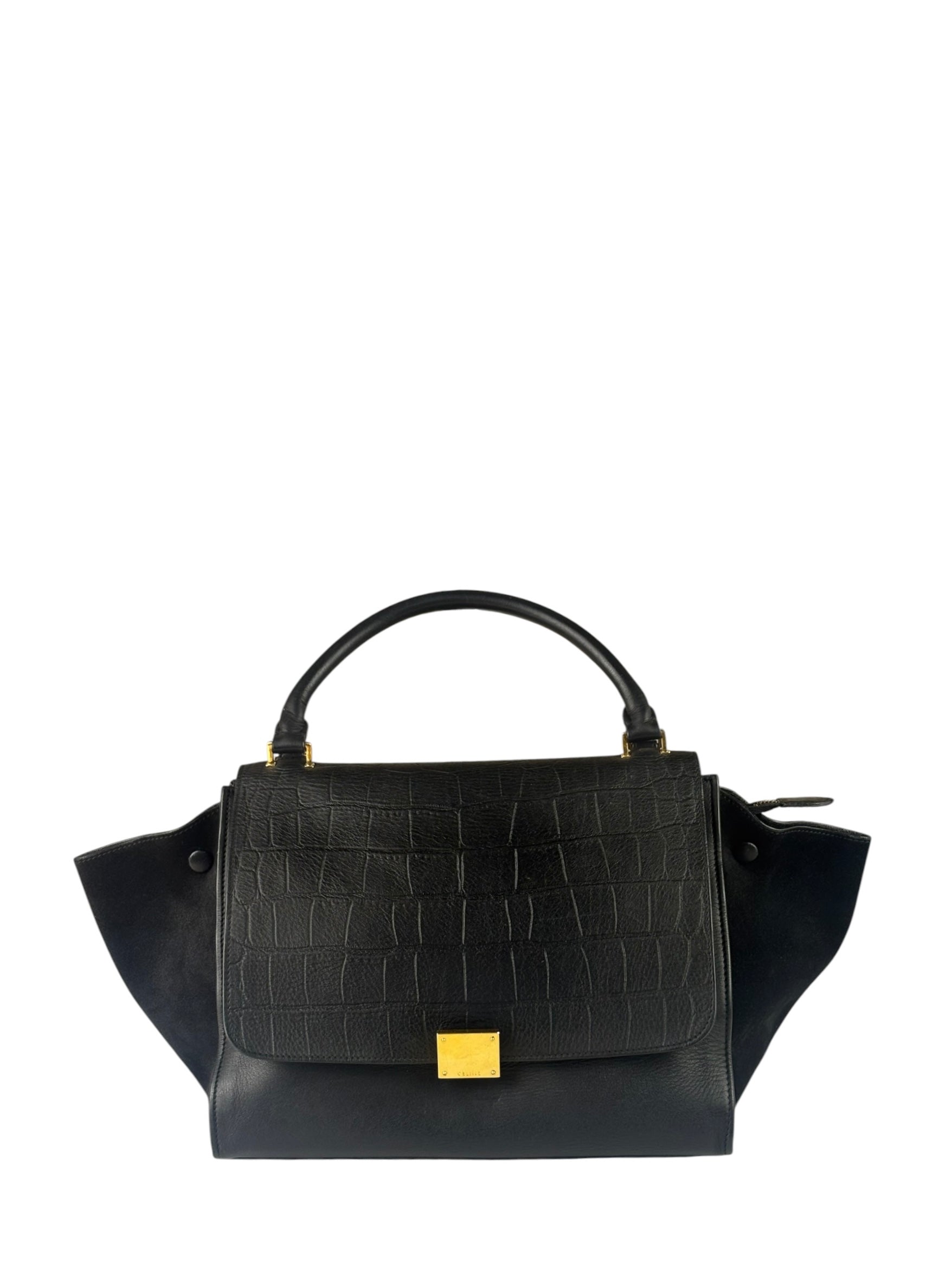 Celine Black Suede/Crocodile Embossed Leather Trapeze Two-Way Bag
