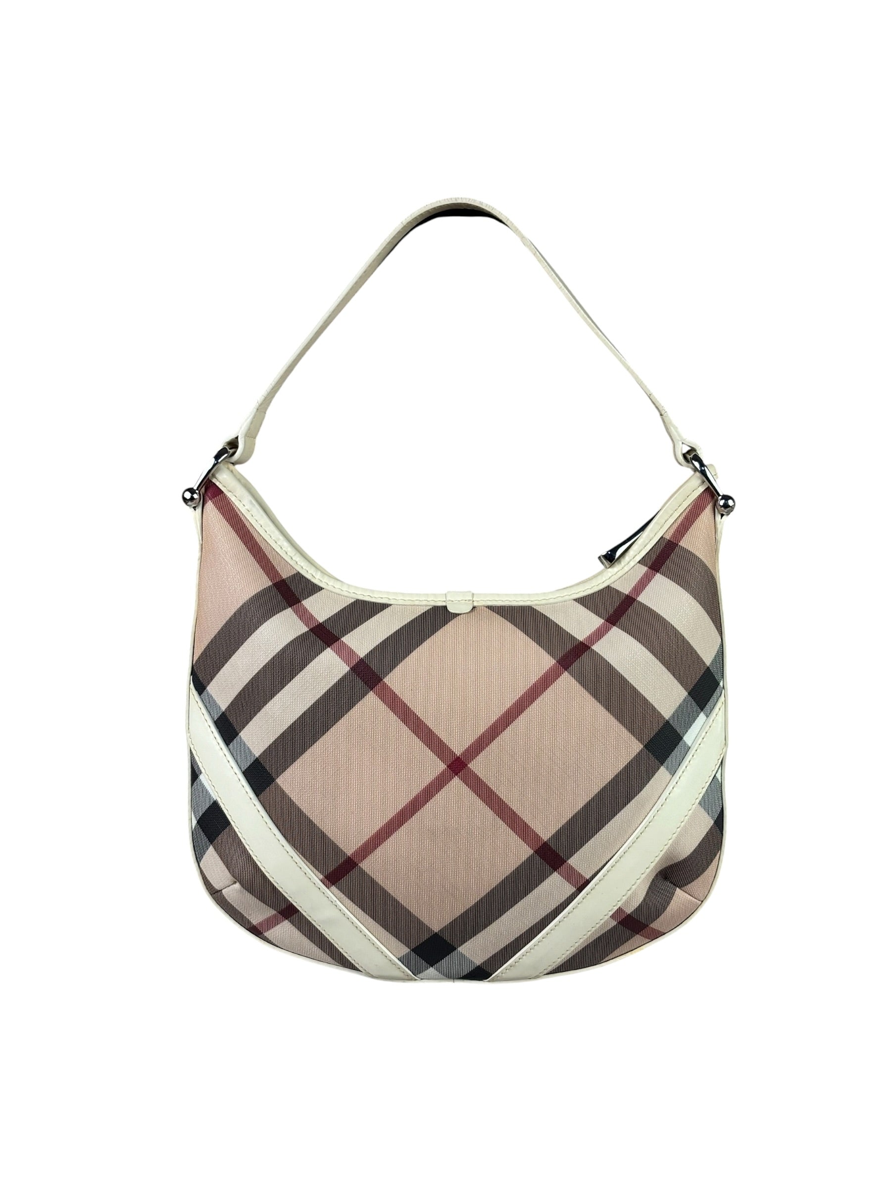 Burberry Beige Leather Trim Nova Check Hobo Bag