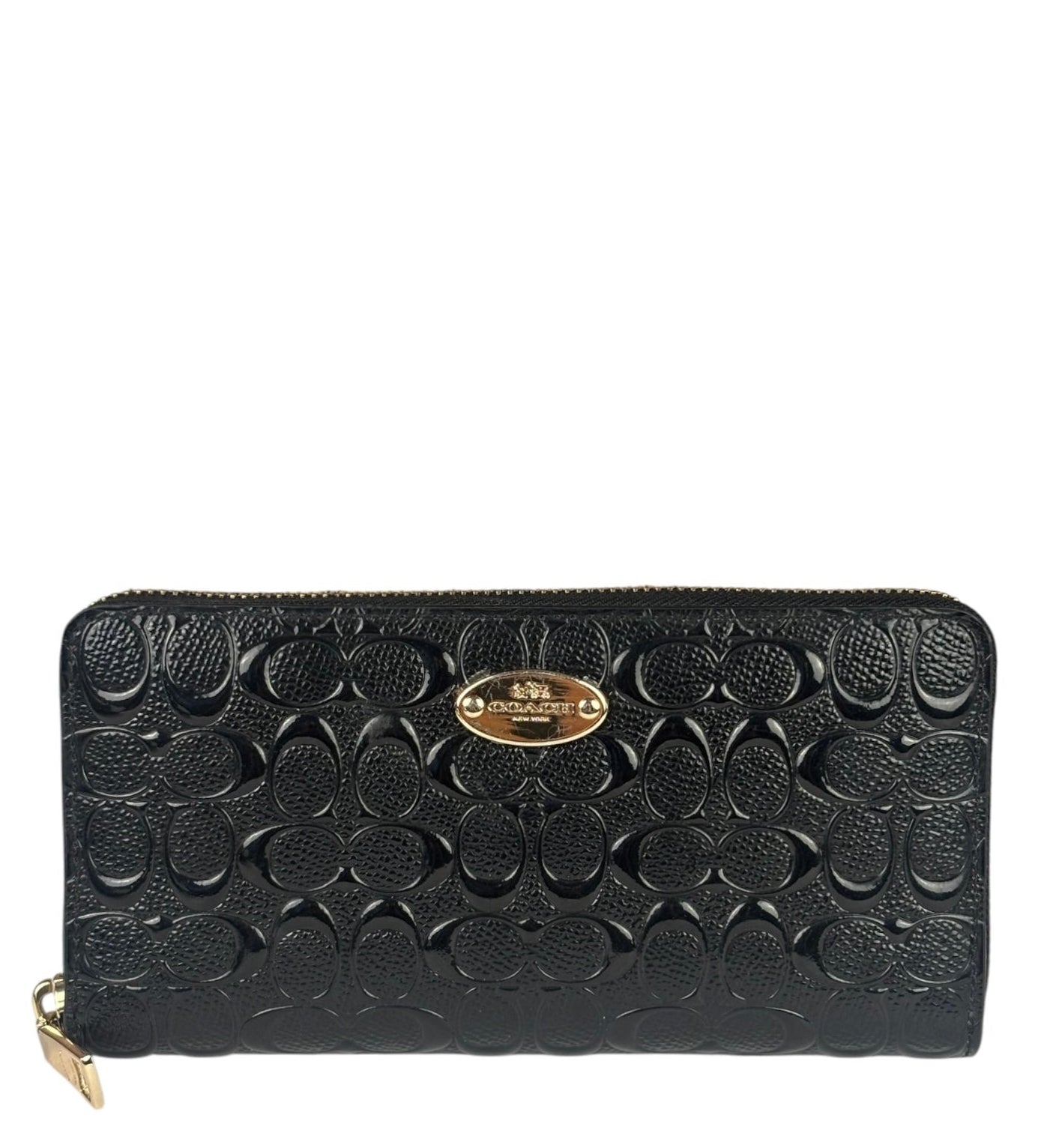 Coach Black Patent Leather Canvas Signature Zip-Around Long Wallet