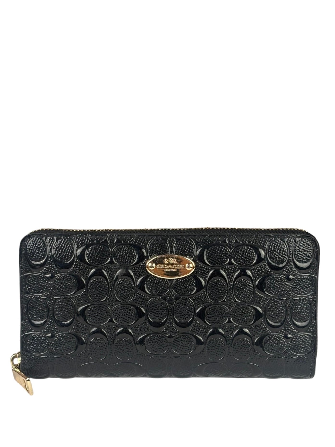 Coach Black Patent Leather Canvas Signature Zip-Around Long Wallet