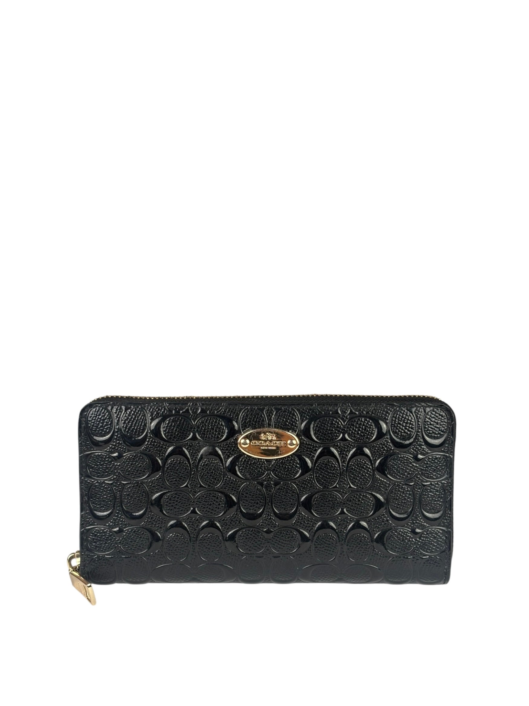 Coach Black Patent Leather Canvas Signature Zip-Around Long Wallet