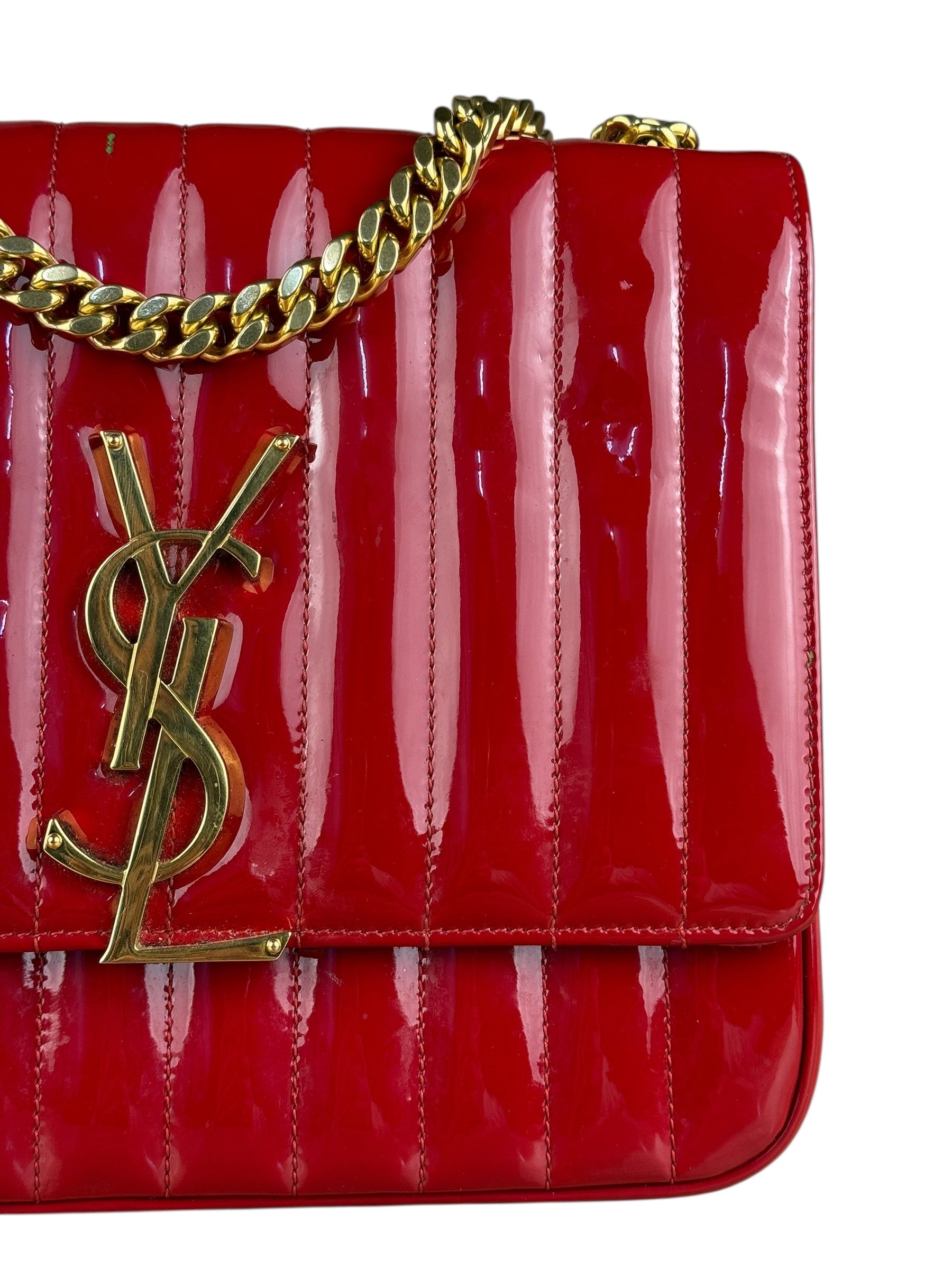 Saint Laurent Red Patent Vicky Chain Flap Bag