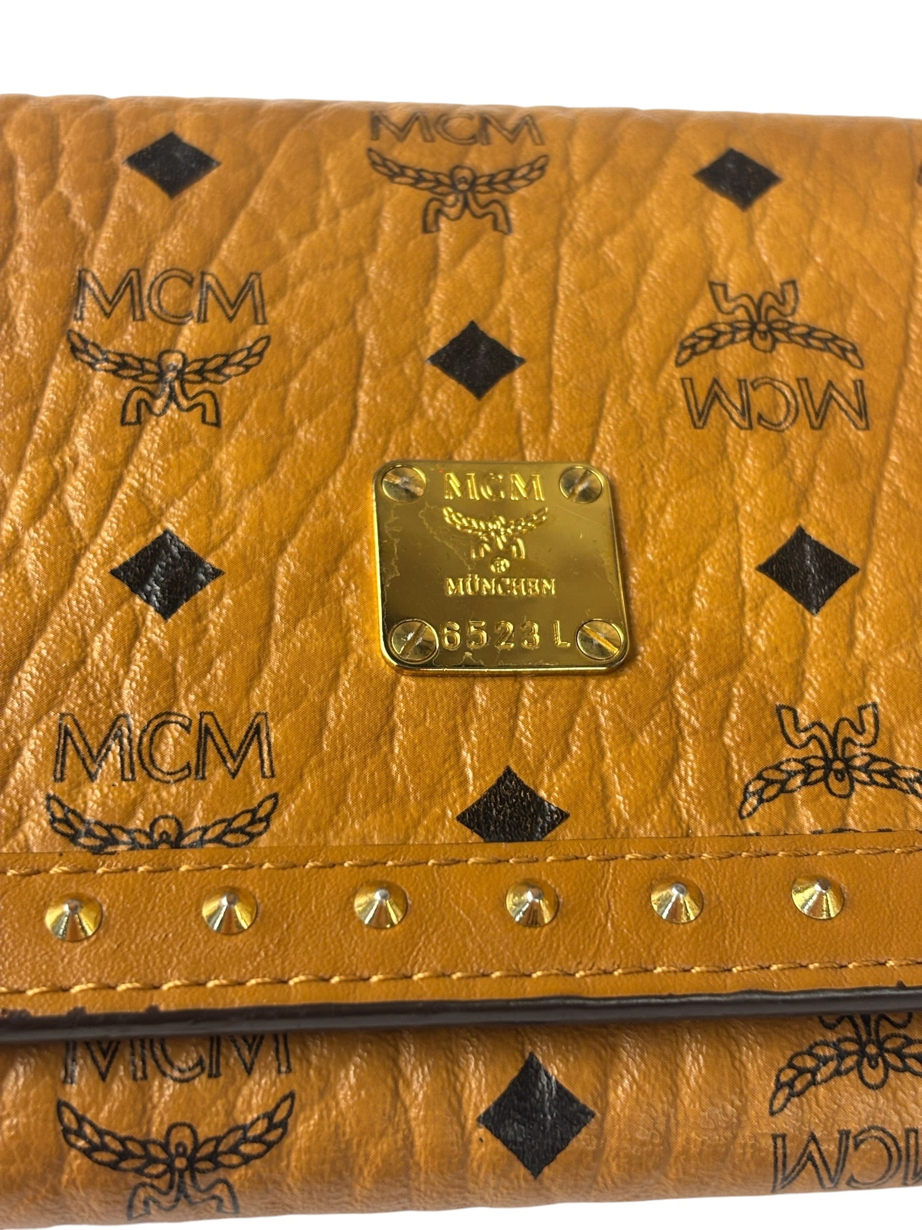 MCM Brown Leather Monogram Studded Long Wallet On Chain