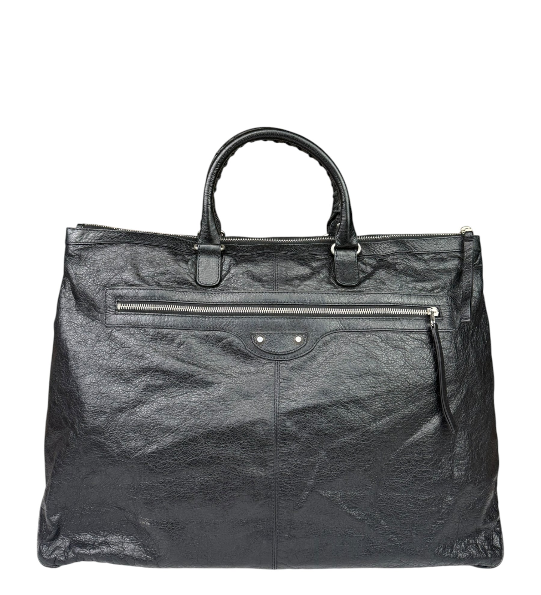 Balenciaga Black Leather Moto Bridge Zip Overnight Tote
