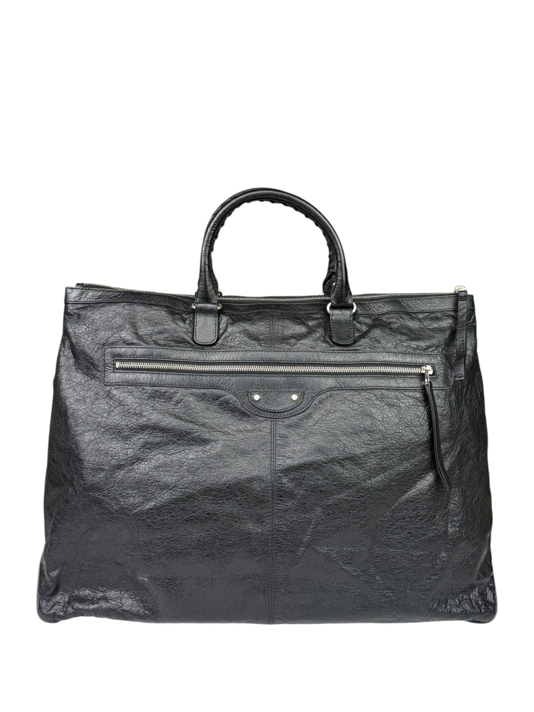Balenciaga Black Leather Moto Bridge Zip Overnight Tote
