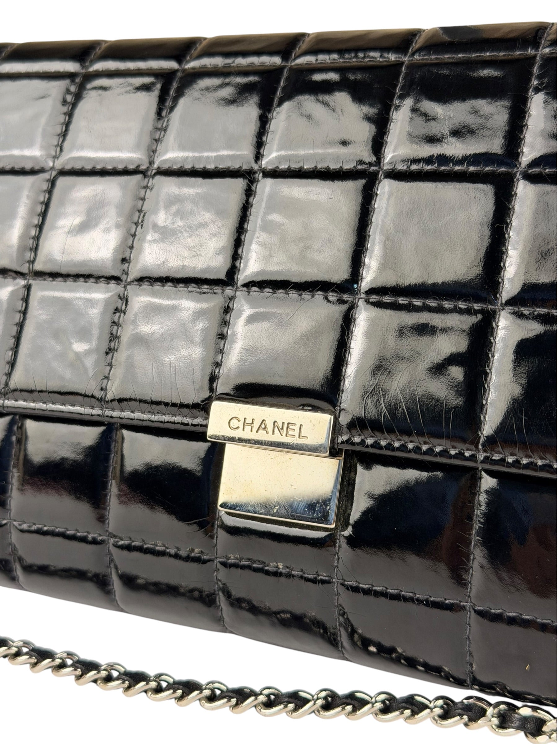 Chanel Black Patent Leather Chocolate Bar Flap Bag 2000