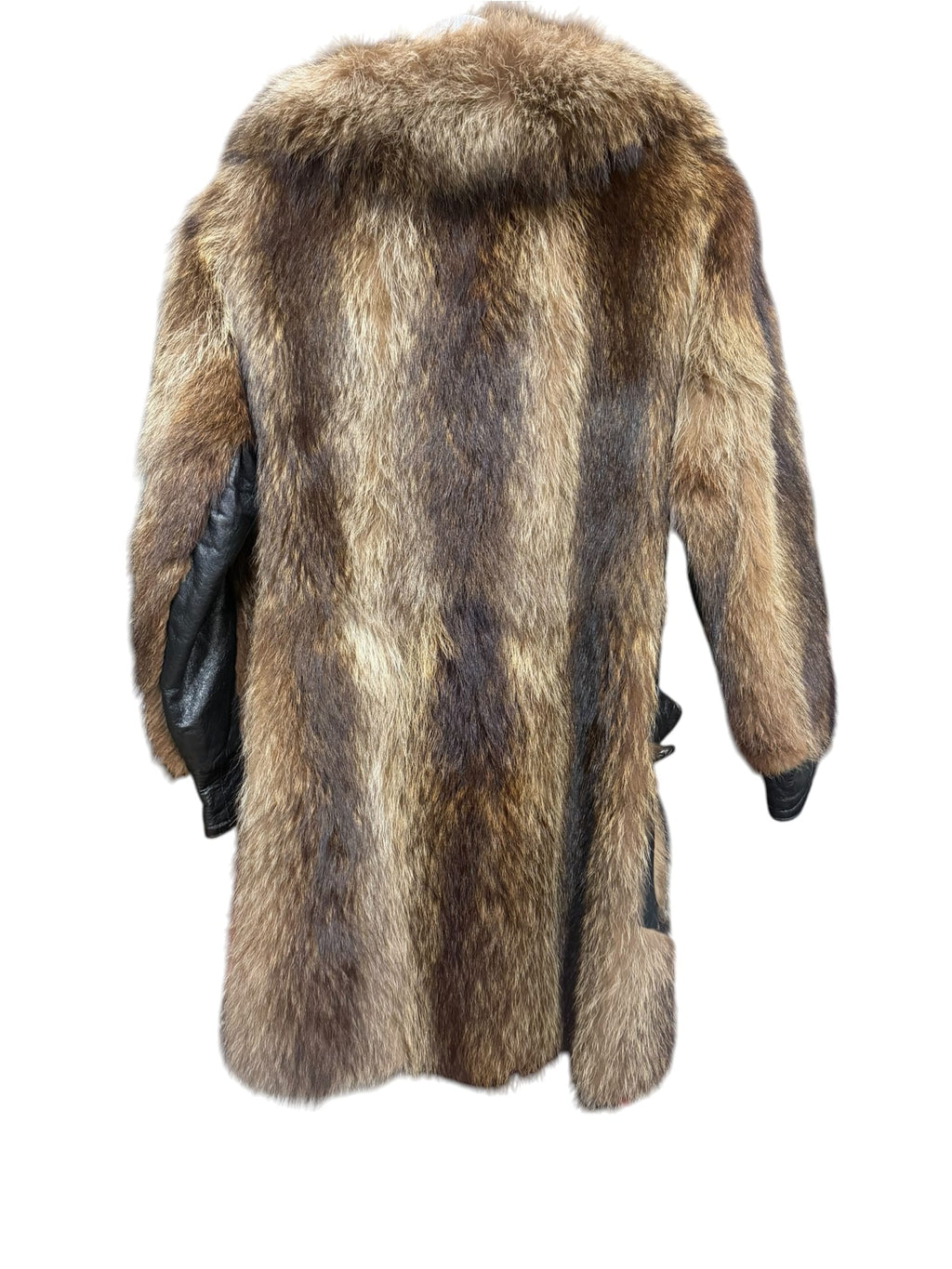 Vintage Brown Raccoon Fur Black Leather Peacoat