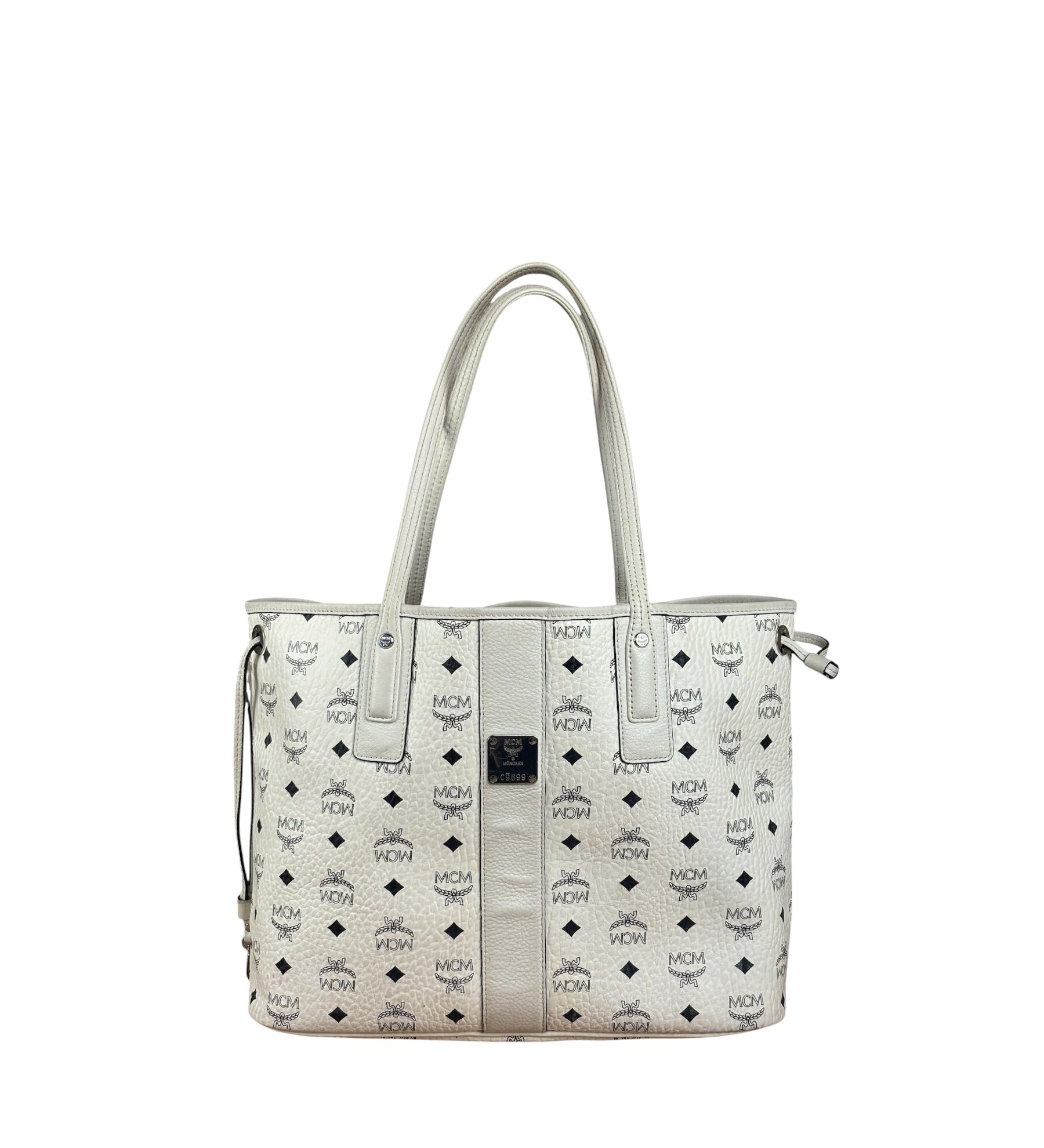 MCM White Leather Reversible Liz Shopper In Visetos Tote Bag