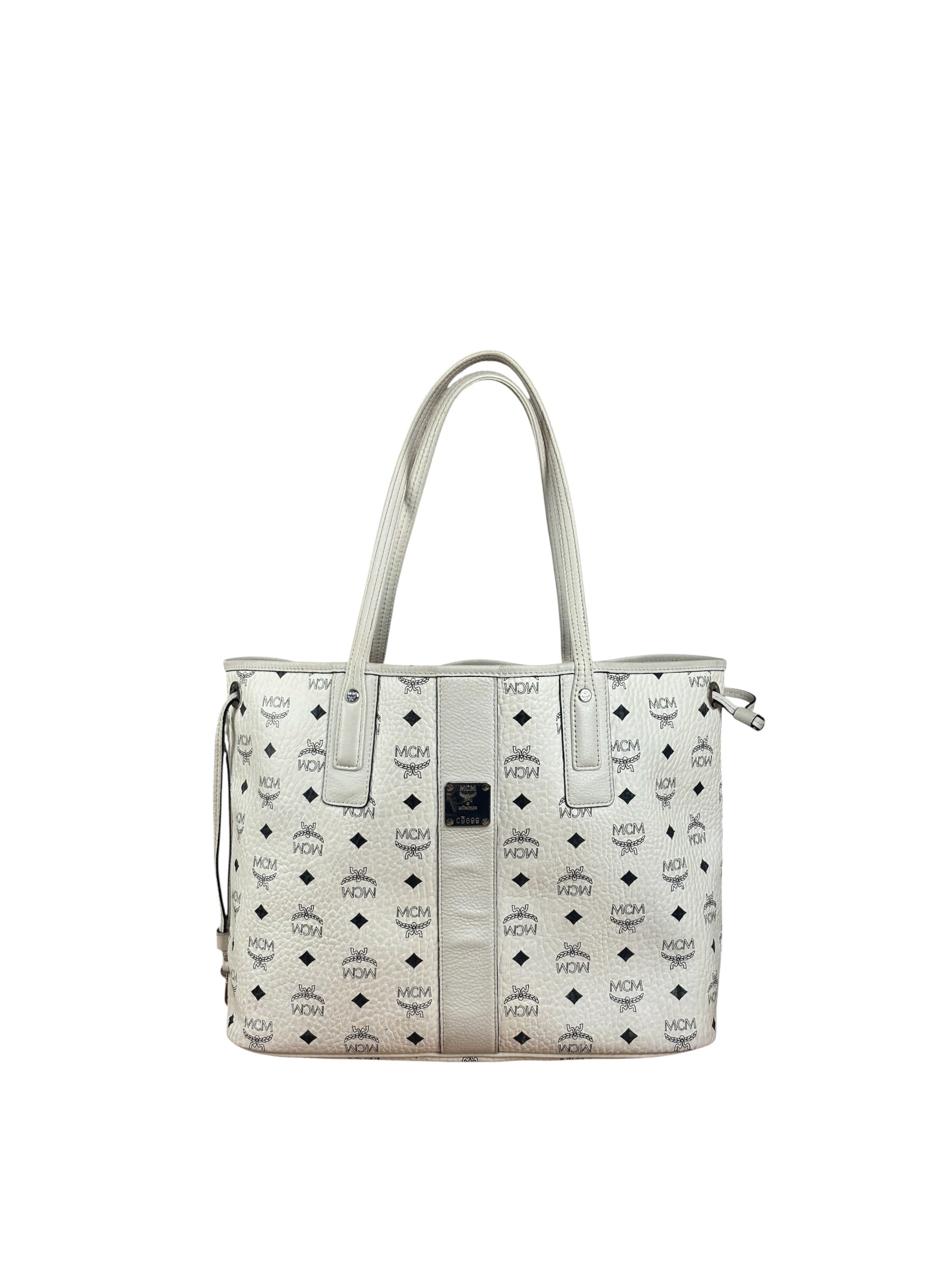MCM White Leather Reversible Liz Shopper In Visetos Tote Bag