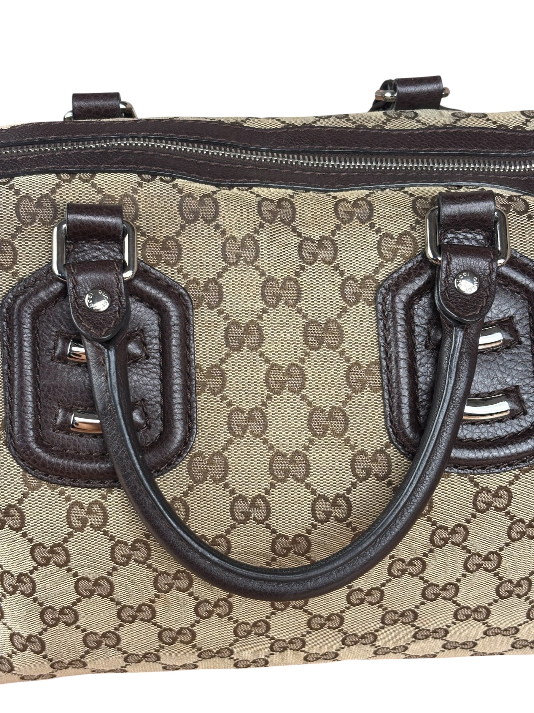 Gucci GG Leather Trim Canvas Techno Boston Handbag