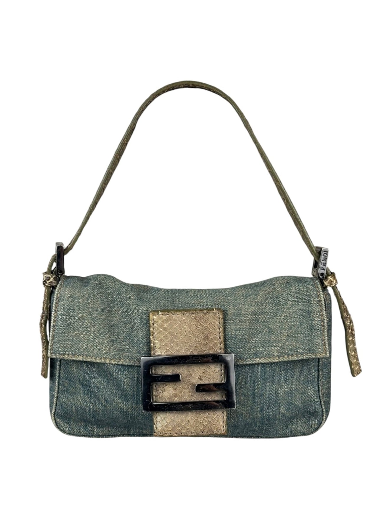 Fendi Denim/Snakeskin Trim Mini Baguette