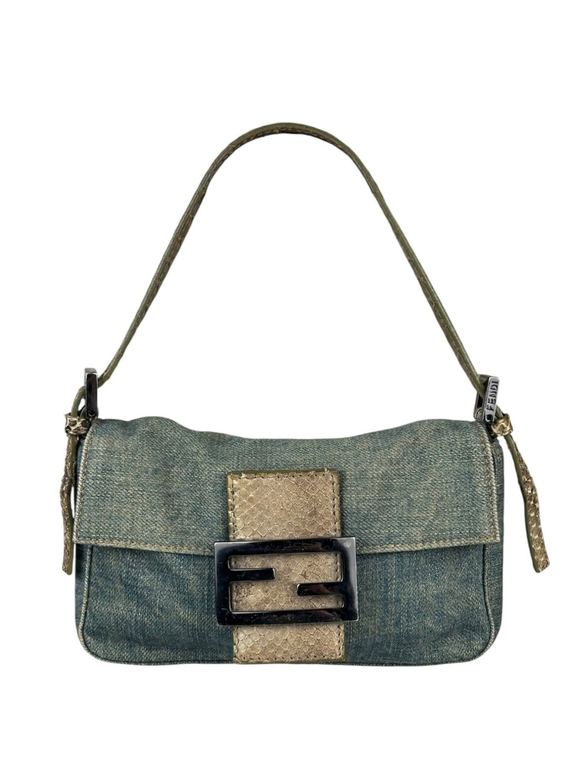 Fendi Denim/Snakeskin Trim Mini Baguette