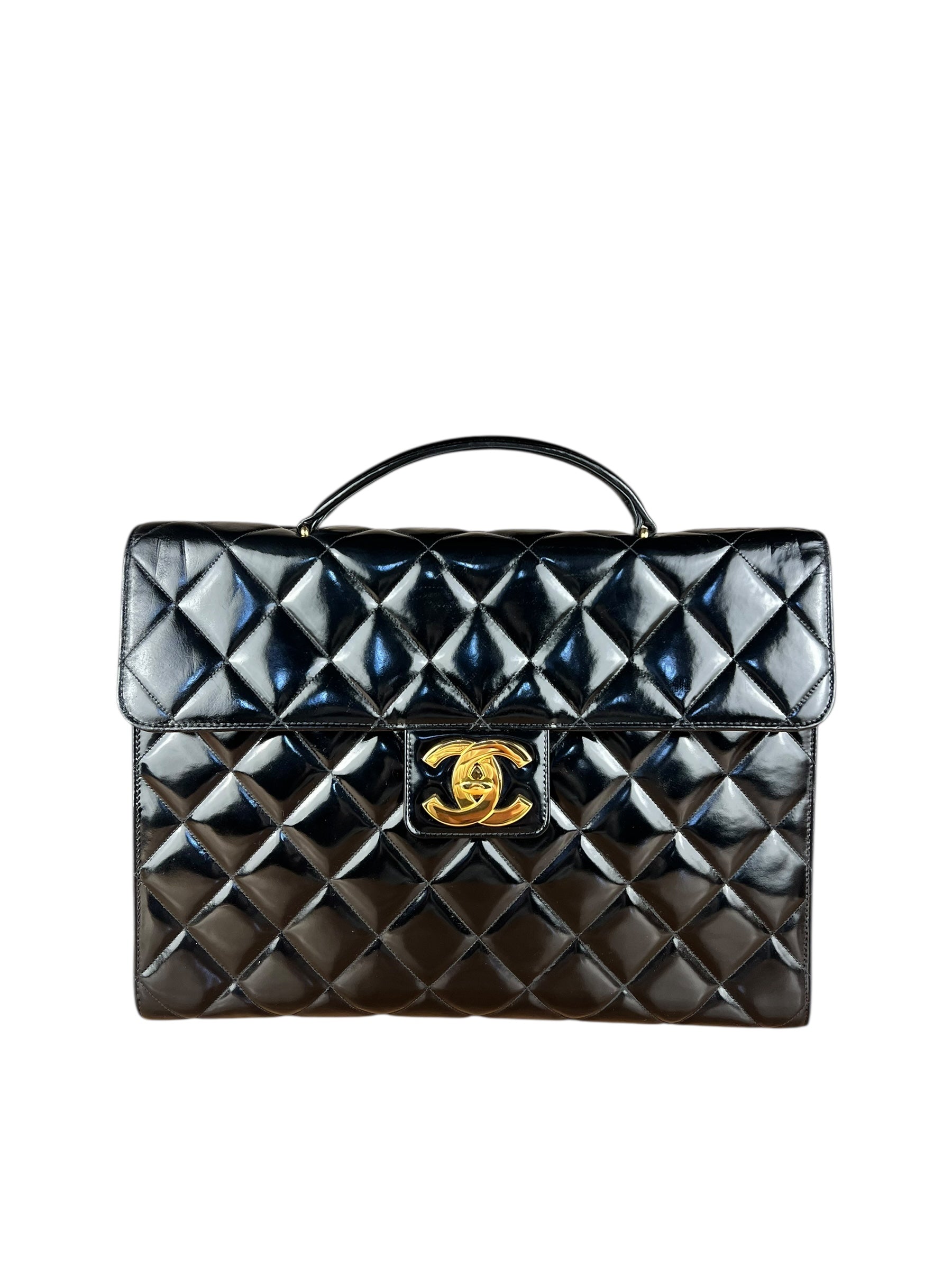 Chanel CC Black Patent Quilted Flap Briefcase Handbag '95
