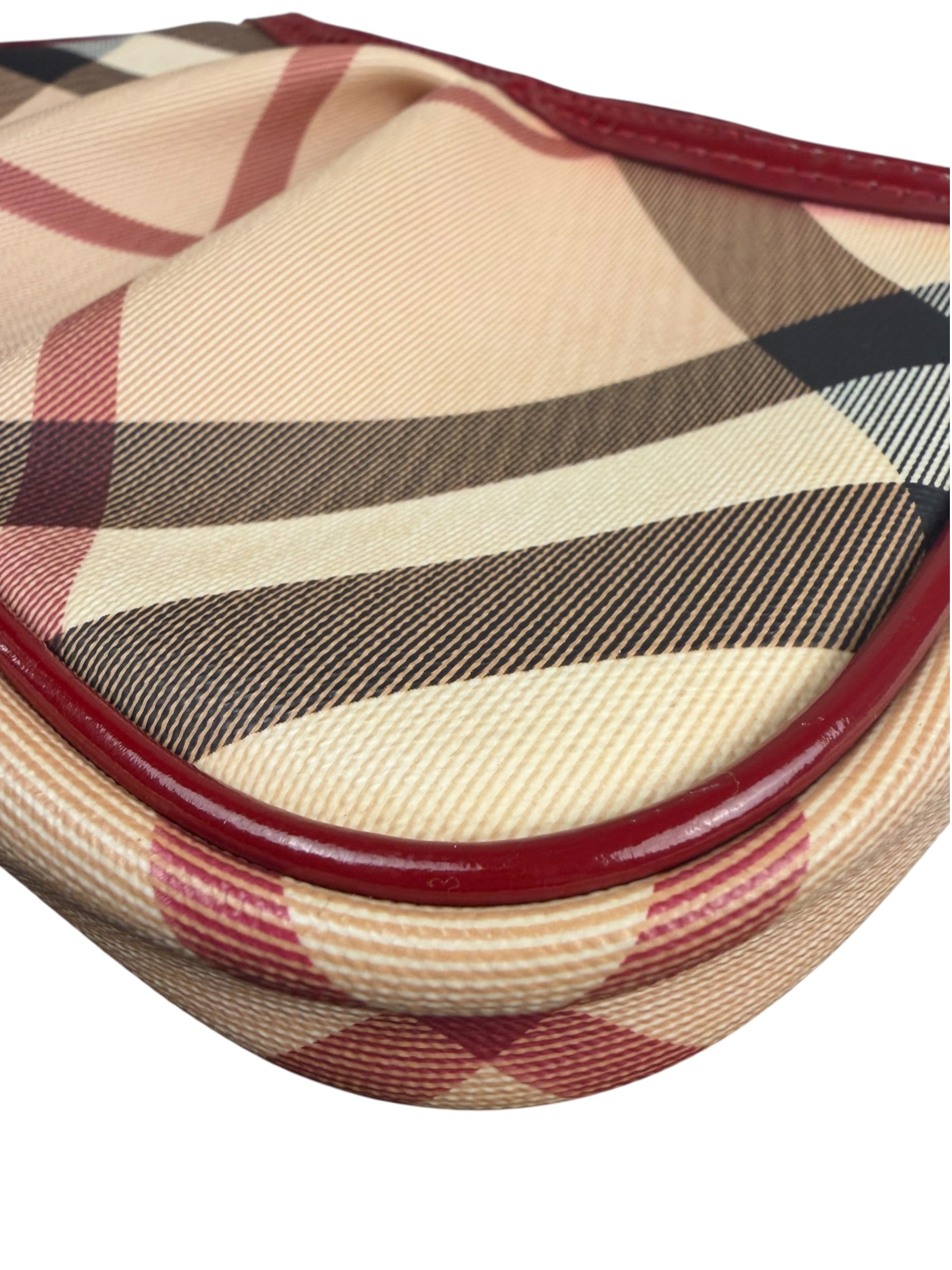 Burberry Red Patent Leather Trim Super Nova Check Pochette