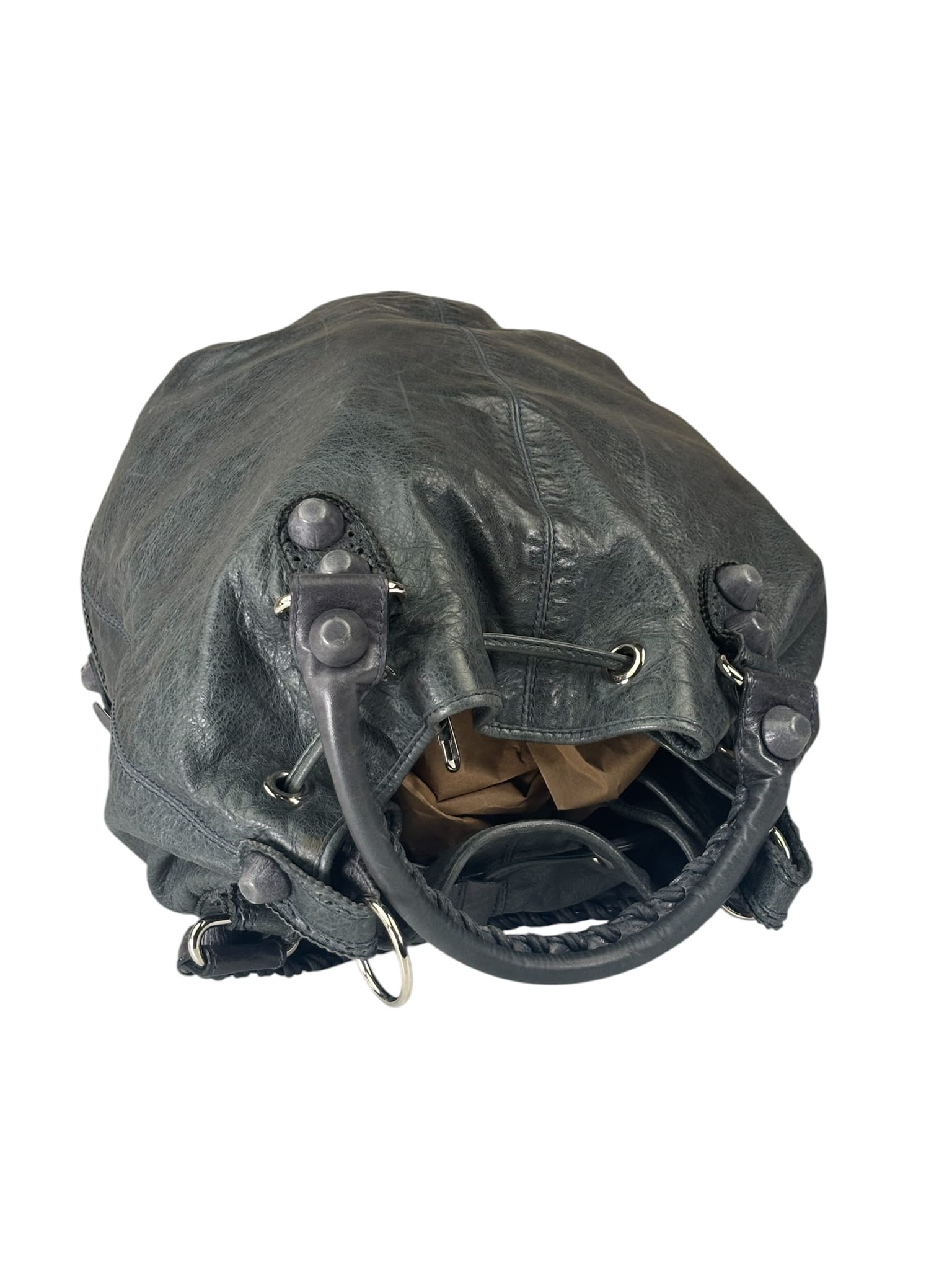 Balenciaga Grey Lambskin Giant Brogues Pompom Two-Way Bag