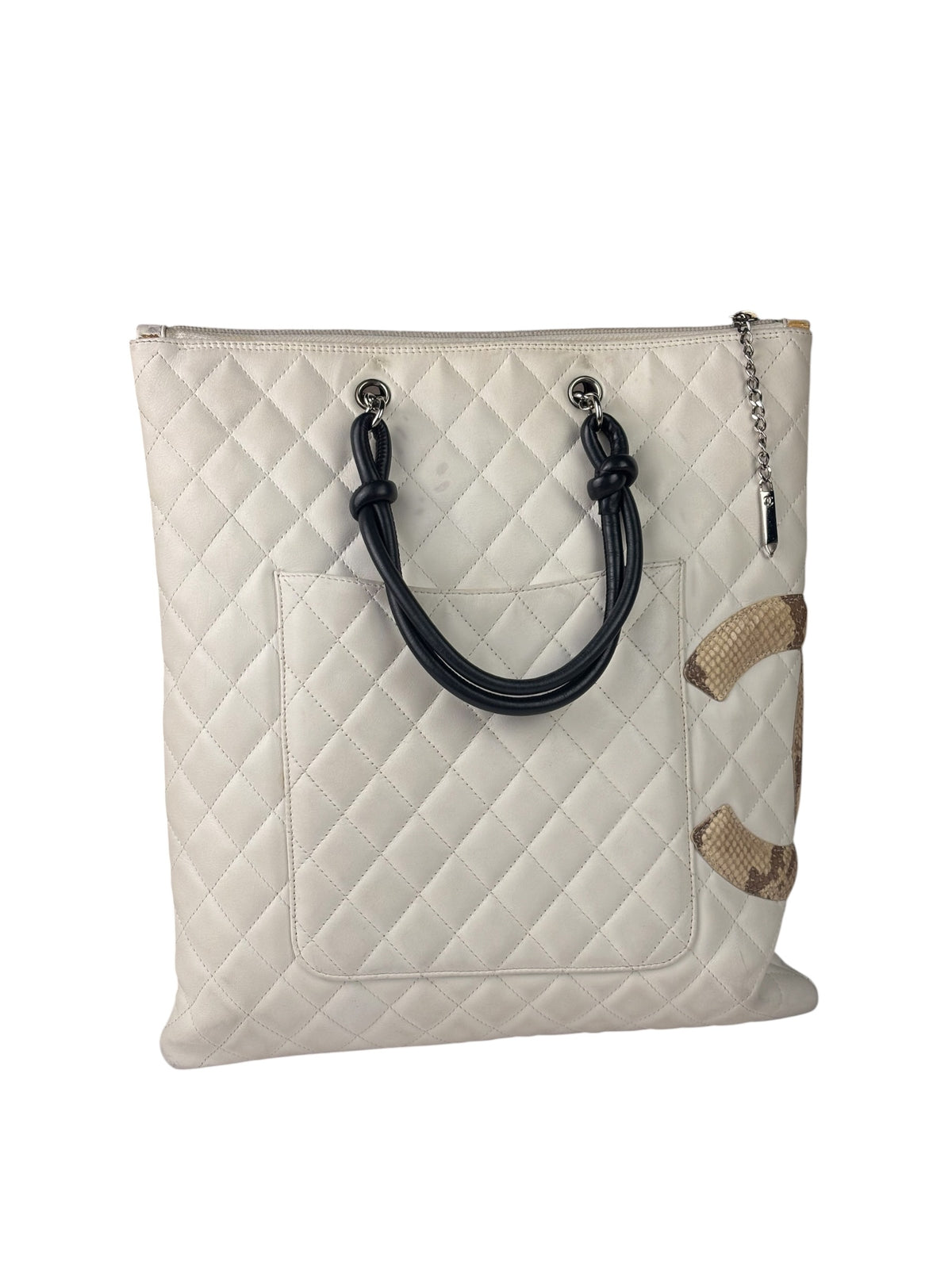 Chanel White Calfskin Quilted Python-Embossed Ligne Cambon Flat Tote Bag 2004