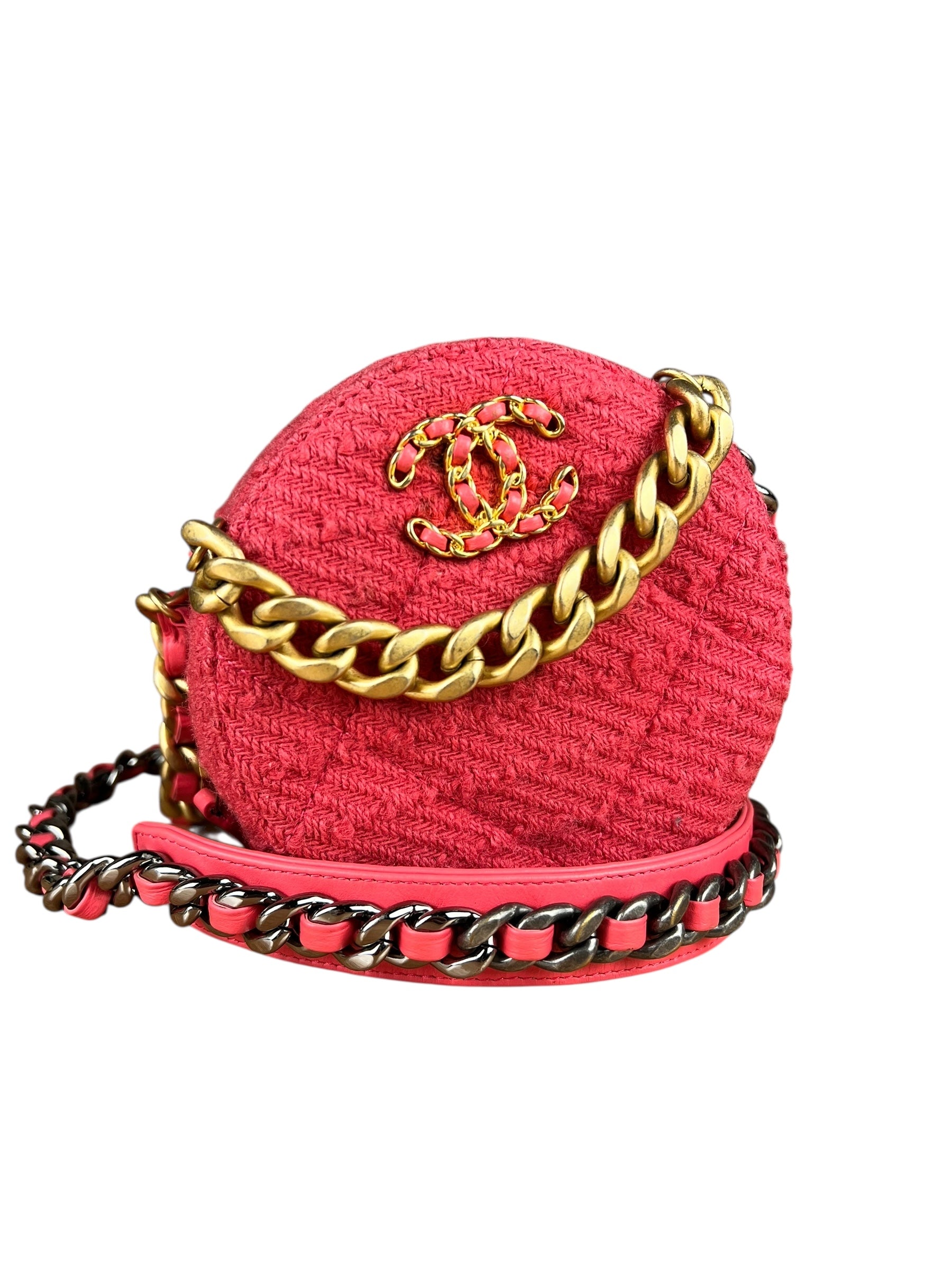 Chanel 19 Round Pink Tweed Chain Shoulder Bag