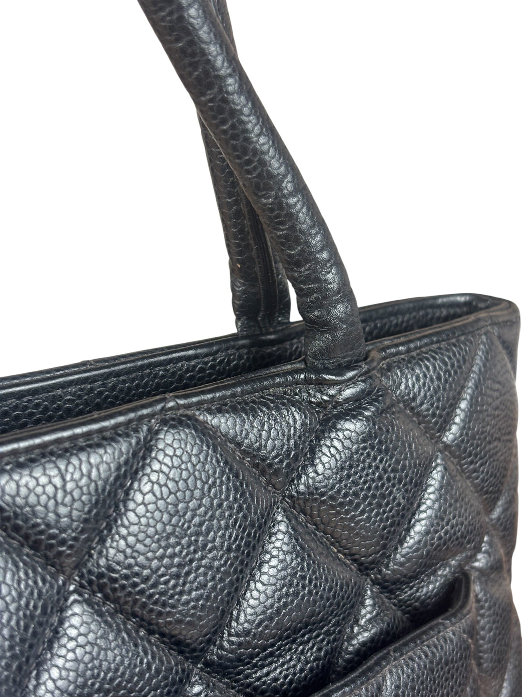 Chanel Vintage CC Black Quilted Caviar Leather Medallion Tote Bag 2002