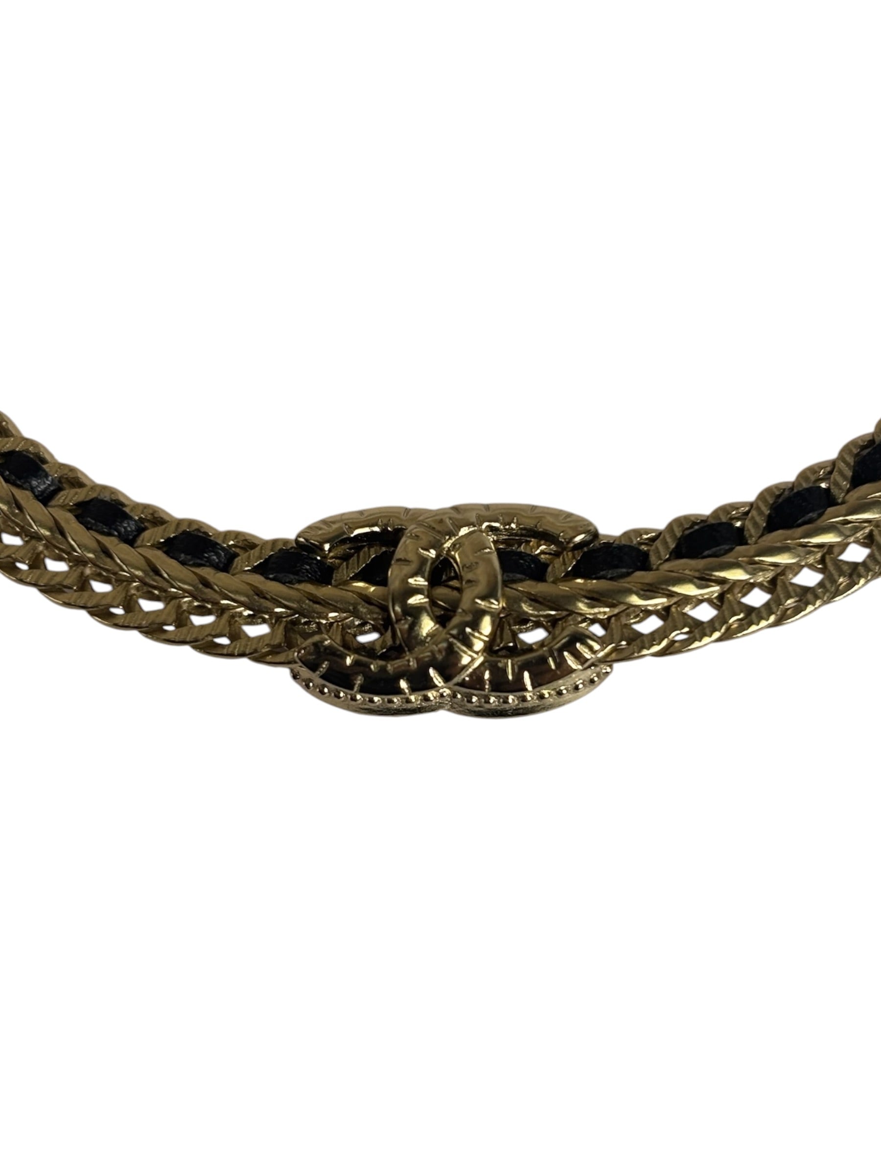 Chanel Black Leather Trim Gold-Tone Chain Choker 22S