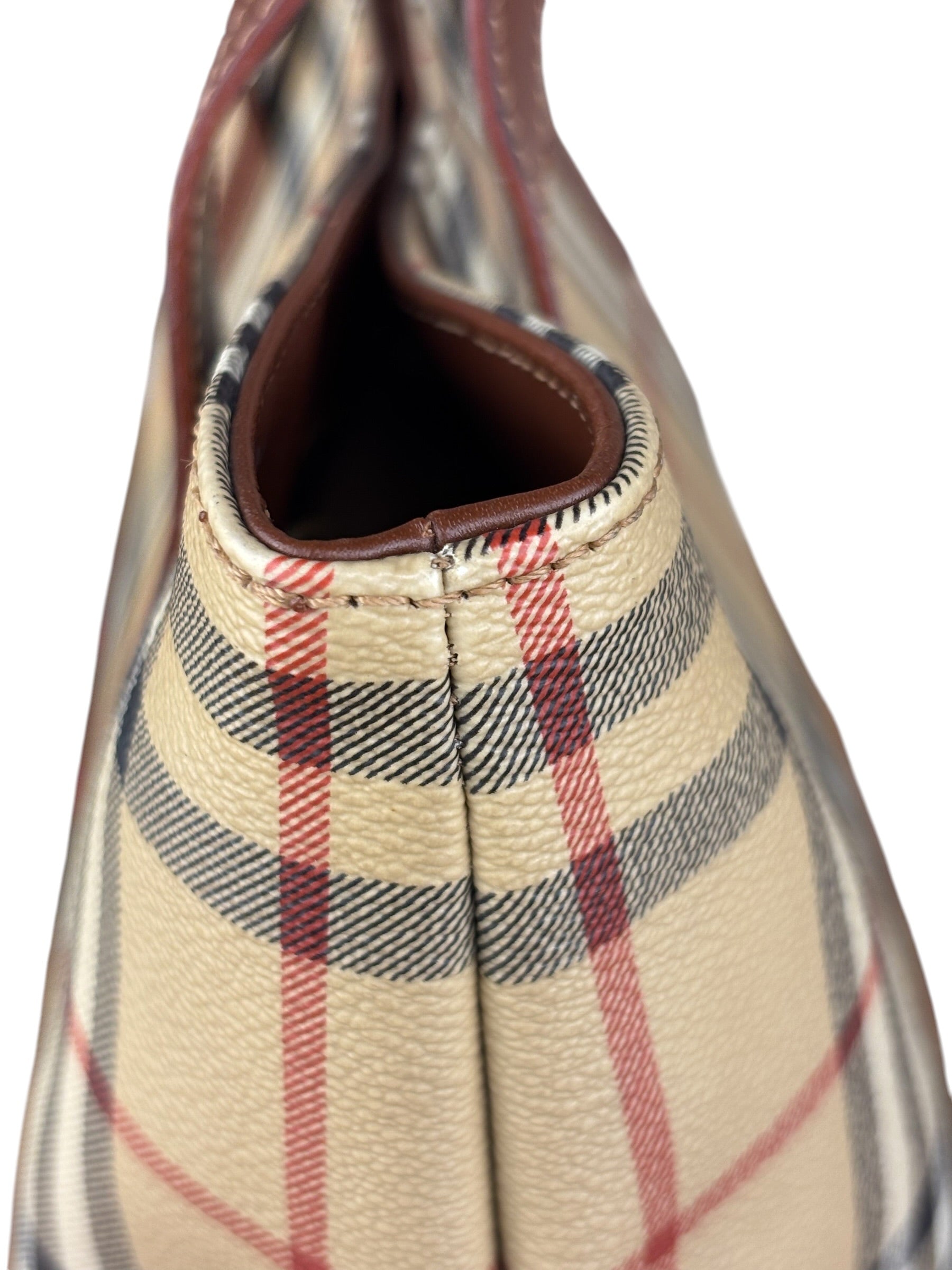 Burberry Vintage Brown Leather  Haymarket Canvas House Check Tote Bag