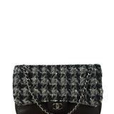 Chanel Black Tweed/Caviar Leather Houndstooth Double Flap Bag 2017