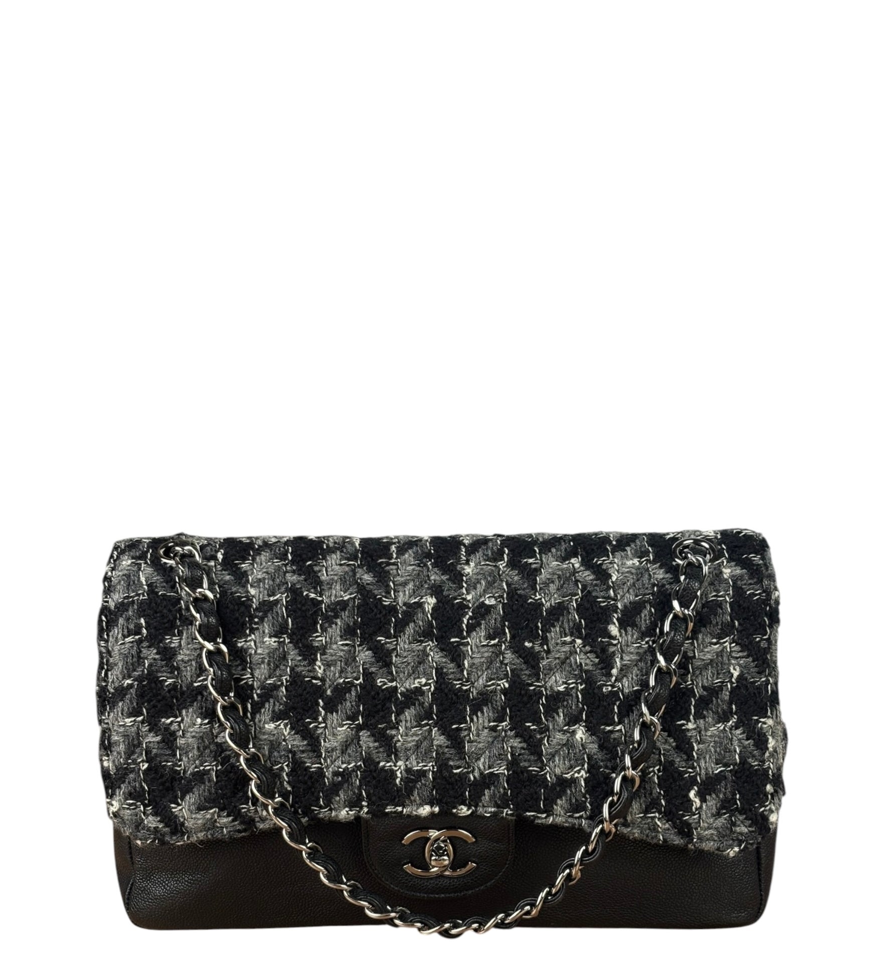 Chanel Black Tweed/Caviar Leather Houndstooth Double Flap Bag 2017
