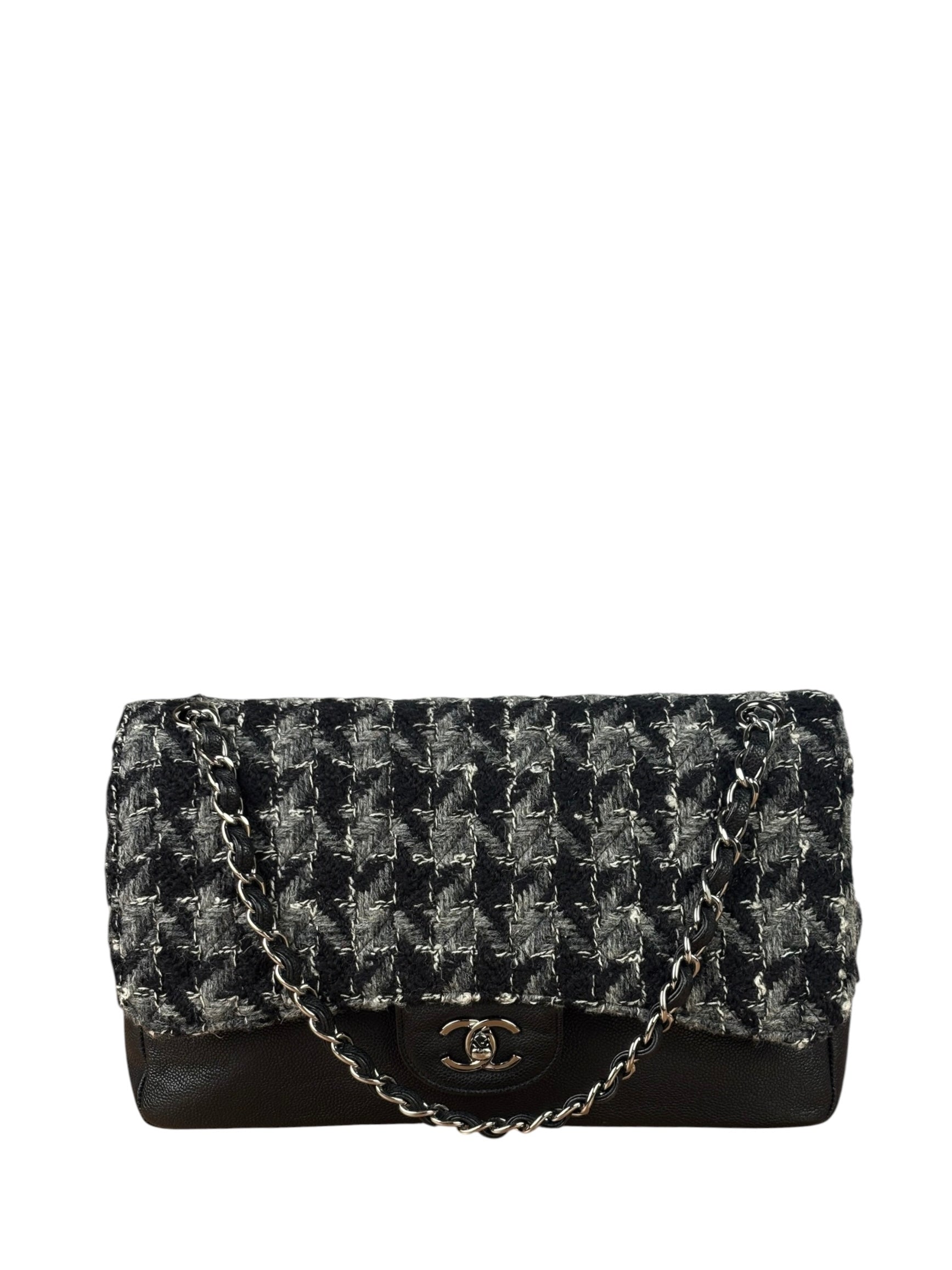 Chanel Black Tweed/Caviar Leather Houndstooth Double Flap Bag 2017