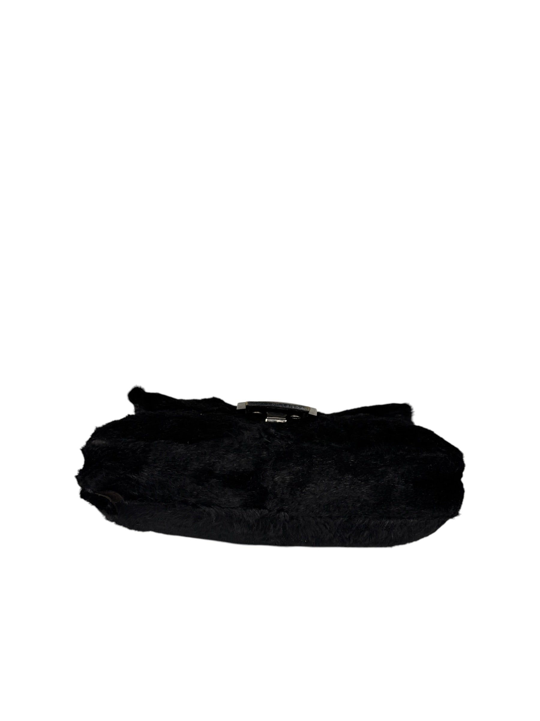 Fendi Black Leather Trim Plush Rabbit Fur Baguette