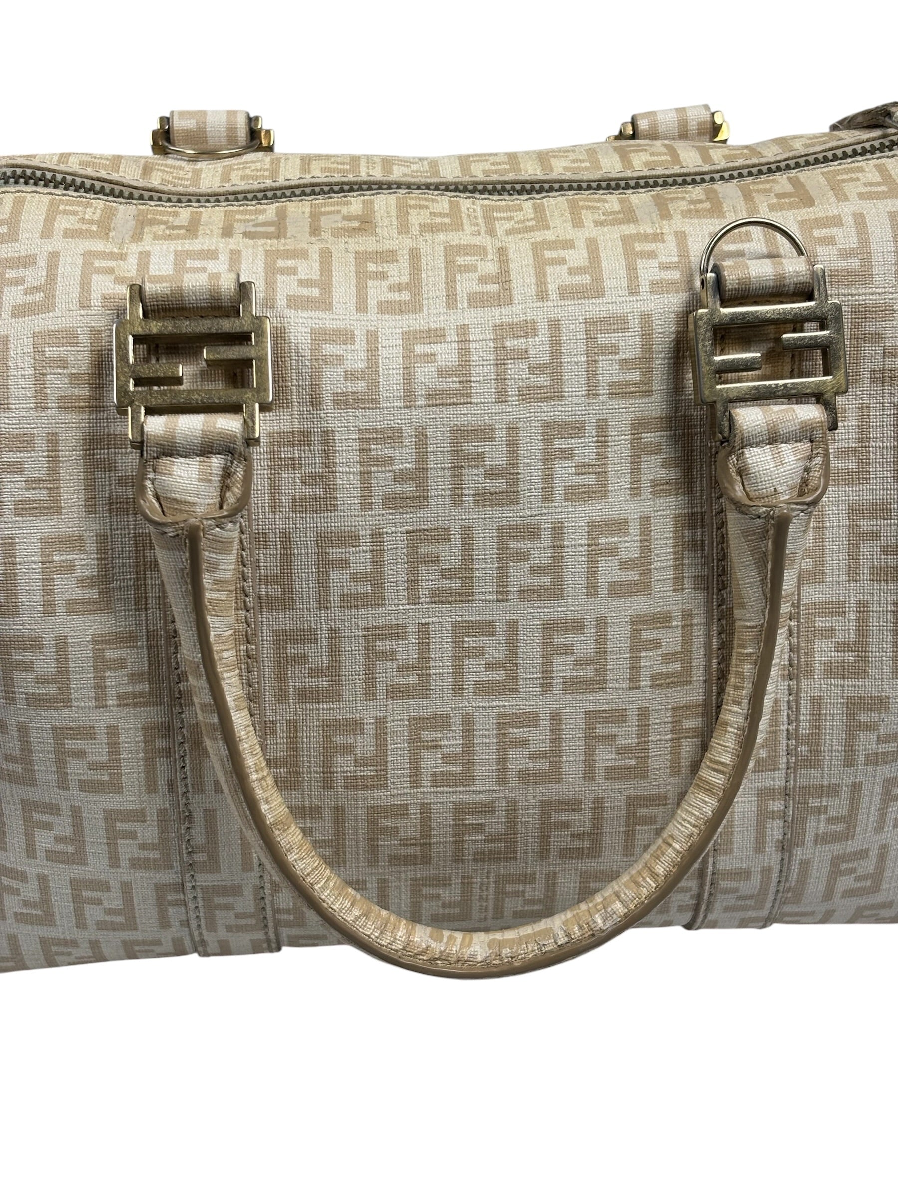 Fendi Beige Leather Trim Zucca Boston Bag