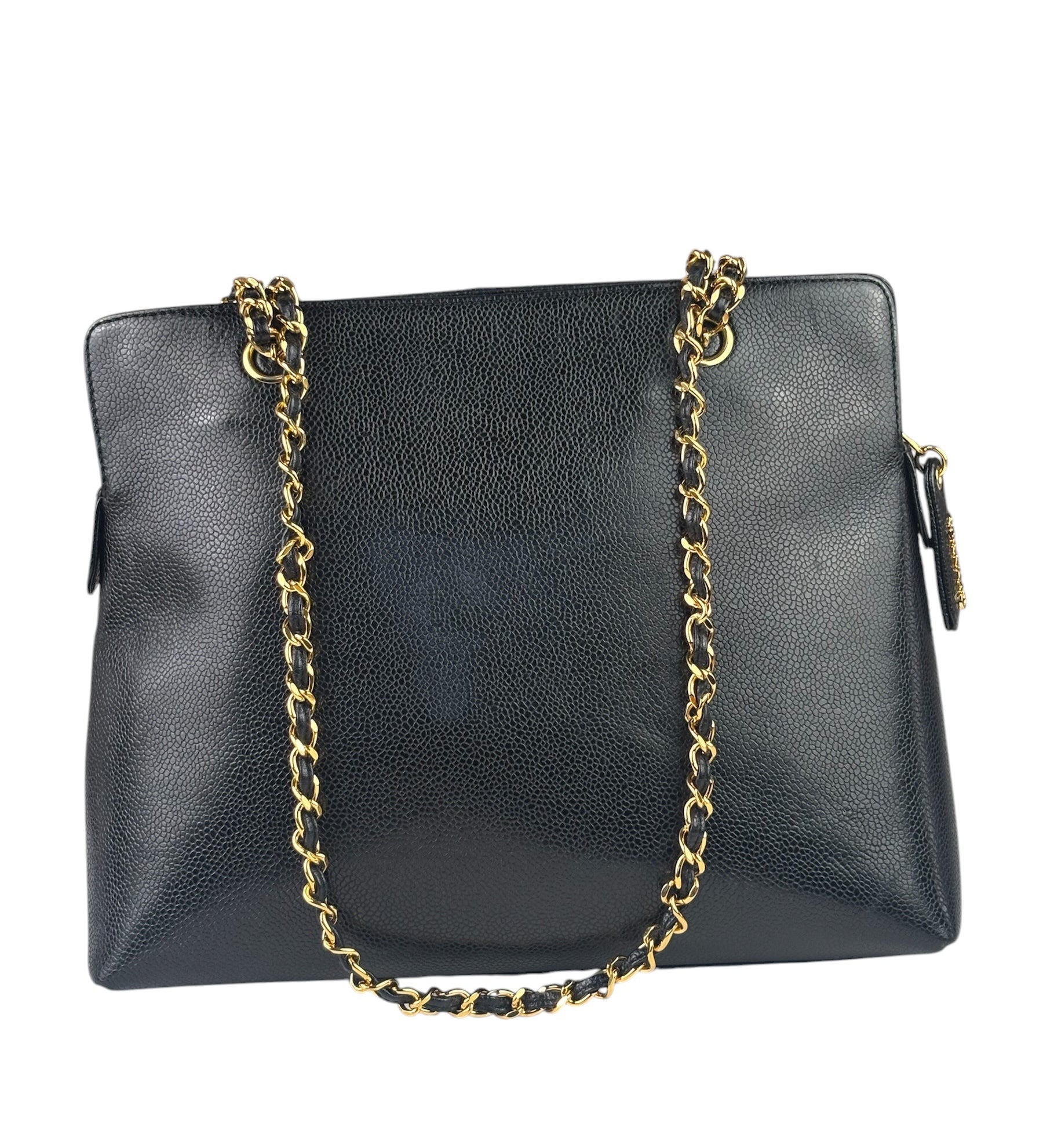 Chanel Vintage Black Caviar Leather Timeless Chain Shoulder Tote 1998