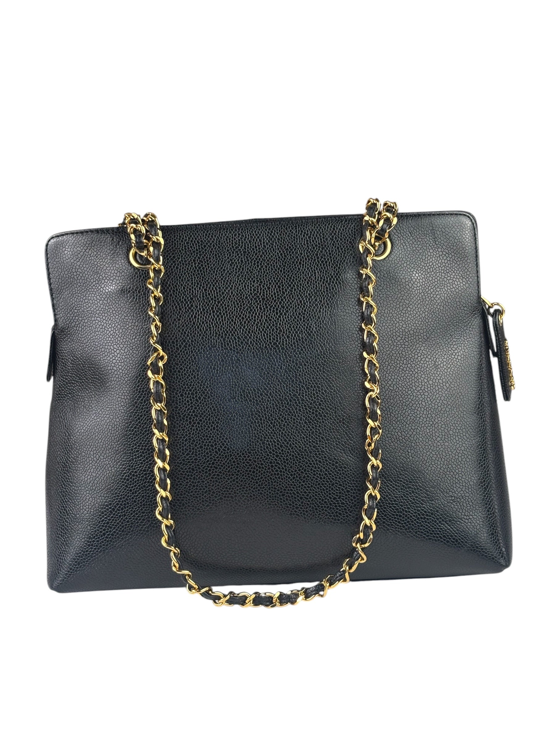 Chanel Vintage Black Caviar Leather Timeless Chain Shoulder Tote 1998